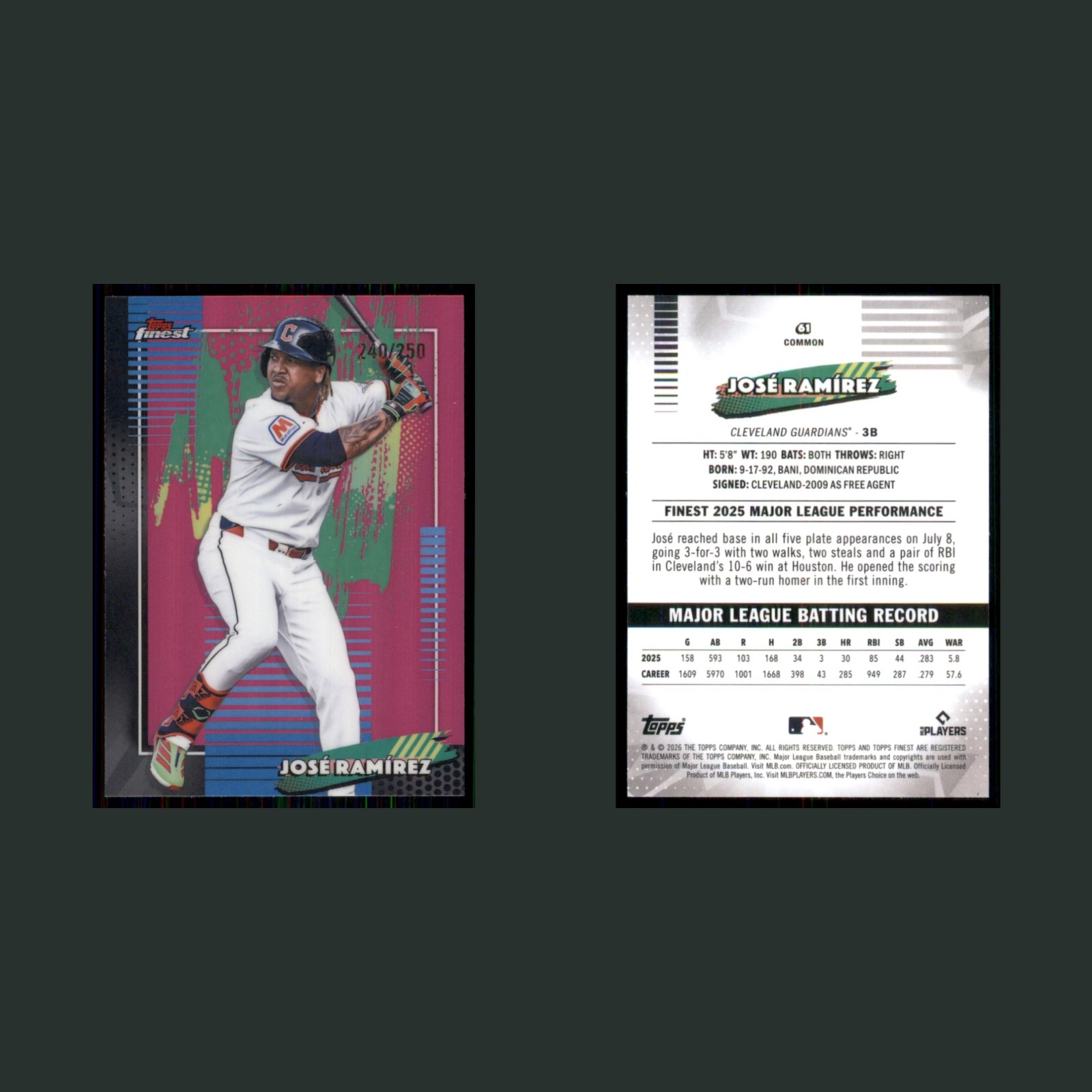 Jose Ramirez /250 #61 2026 Finest Pink Refractor Cleveland Guardians Baseball front and back scans. Card condition is Near Mint.