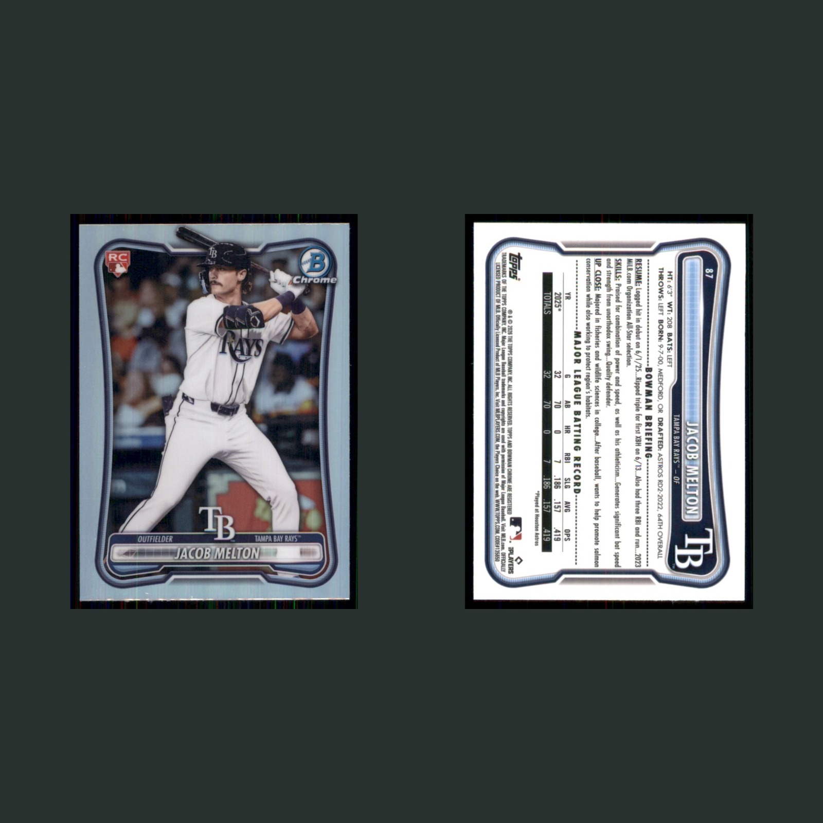 Jacob Melton Rookie #87 2026 Bowman Chrome Red Logo Refractor Tampa Bay Rays MLB front and back scans. Card condition is Near Mint.