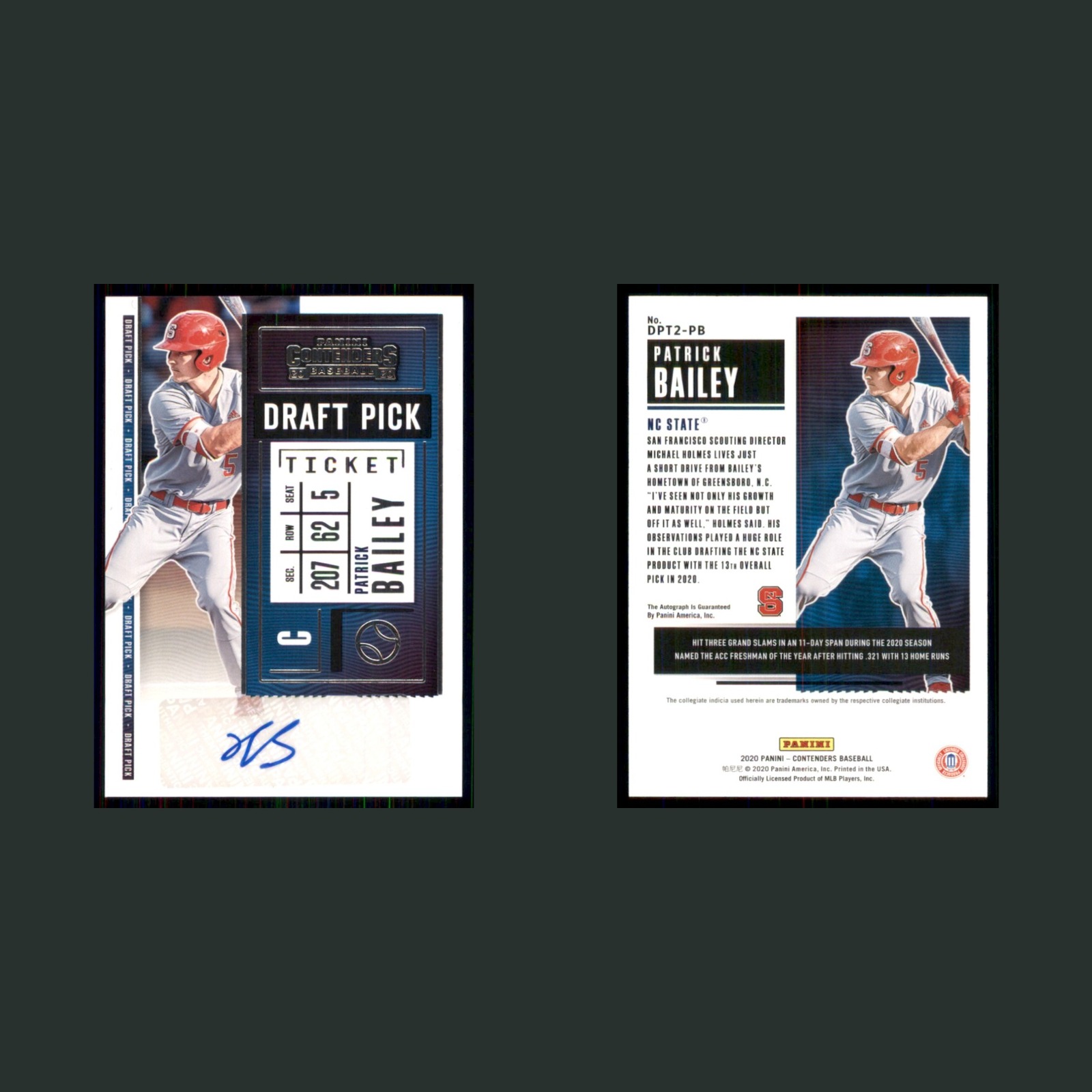 Patrick Bailey Auto #DPT2-PB Autograph 2020 NC State Wolfpack Baseball Card MLB front and back scans. Card condition is Near Mint.
