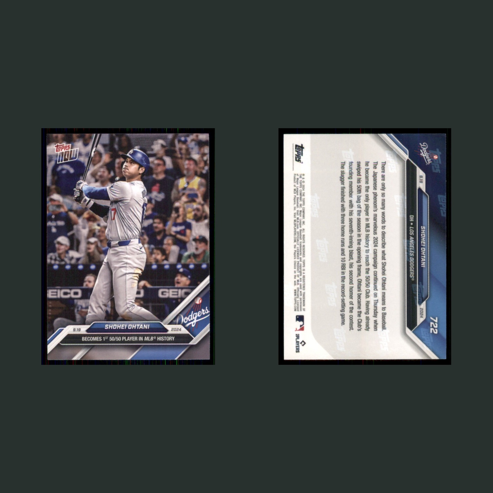 Shohei Ohtani #722 2024 Topps Now Los Angeles Dodgers Baseball Card MLB front and back scans. Card condition is Near Mint.