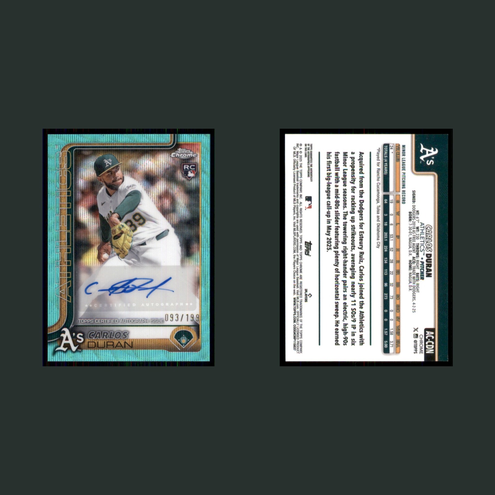 Carlos Duran Rookie /199 #AC-CDN Autograph 2025 Athletics Baseball Card MLB front and back scans. Card condition is Near Mint.