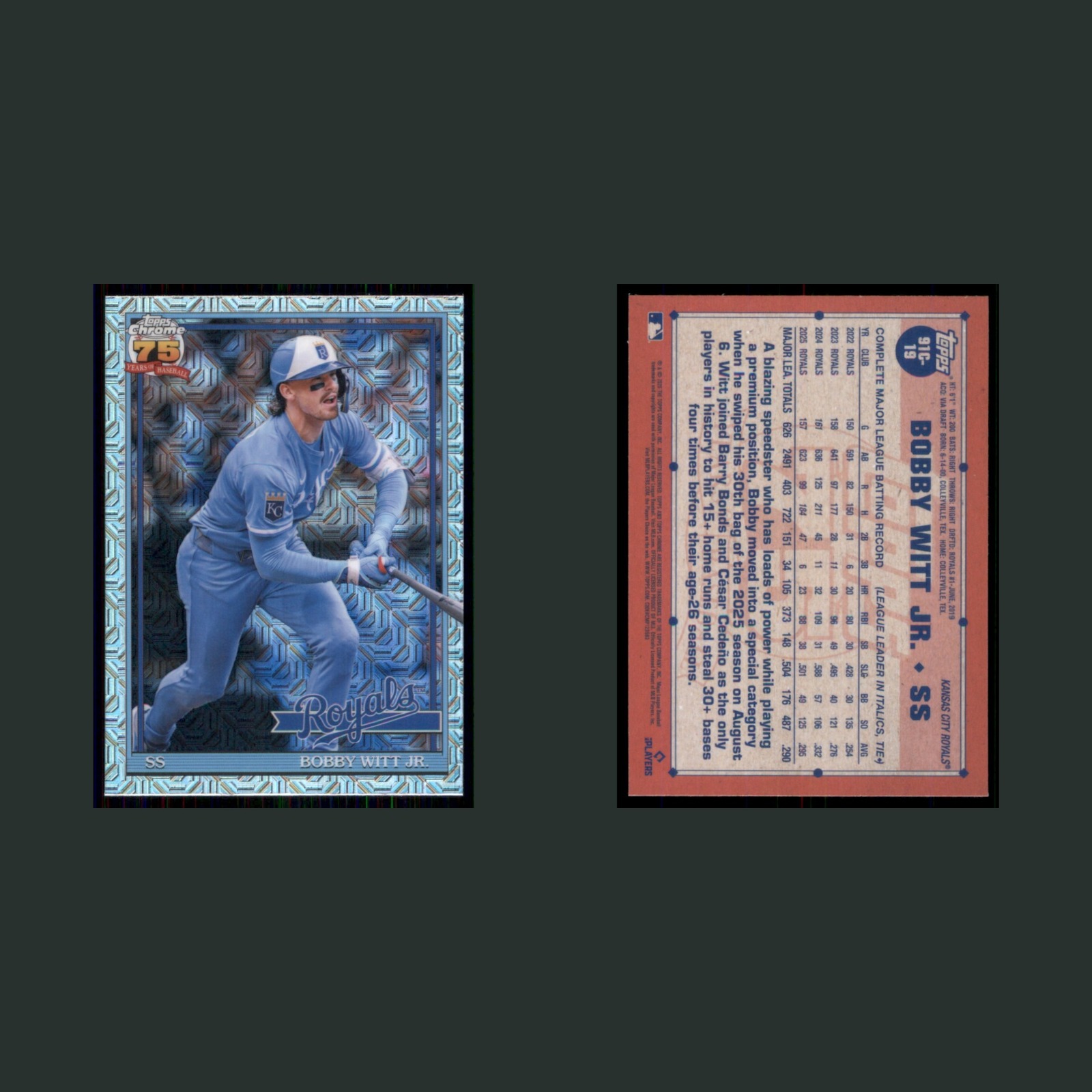 Bobby Witt Jr. #91C-19 2026 Topps Chrome Mojo Refractor Kansas City Royals Card front and back scans. Card condition is Near Mint.