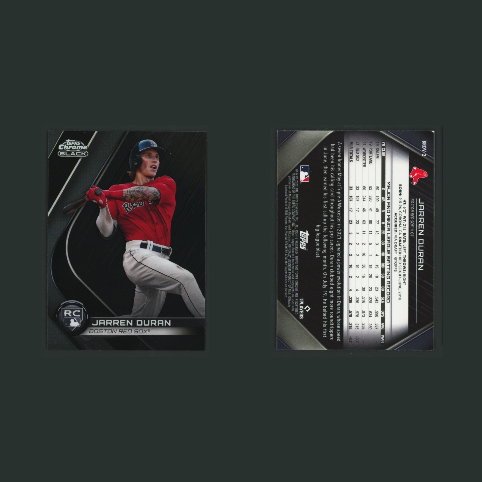 Jarren Duran Rookie #BRDV-2 2022 Topps Chrome Black Rookie Design Variations MLB front and back scans. Card condition is Near Mint.