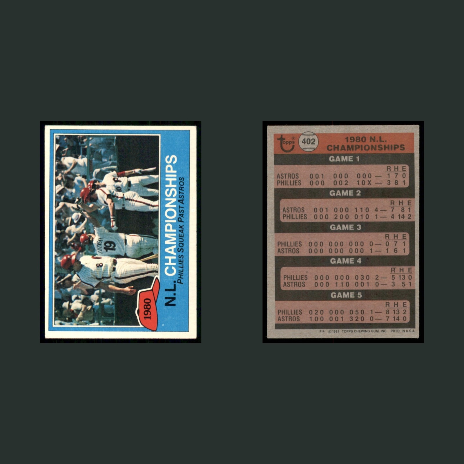 1980 NL Championships #402 EX-EXMINT 1981 Topps Baseball Card MLB front and back scans. Card condition is Near Mint.