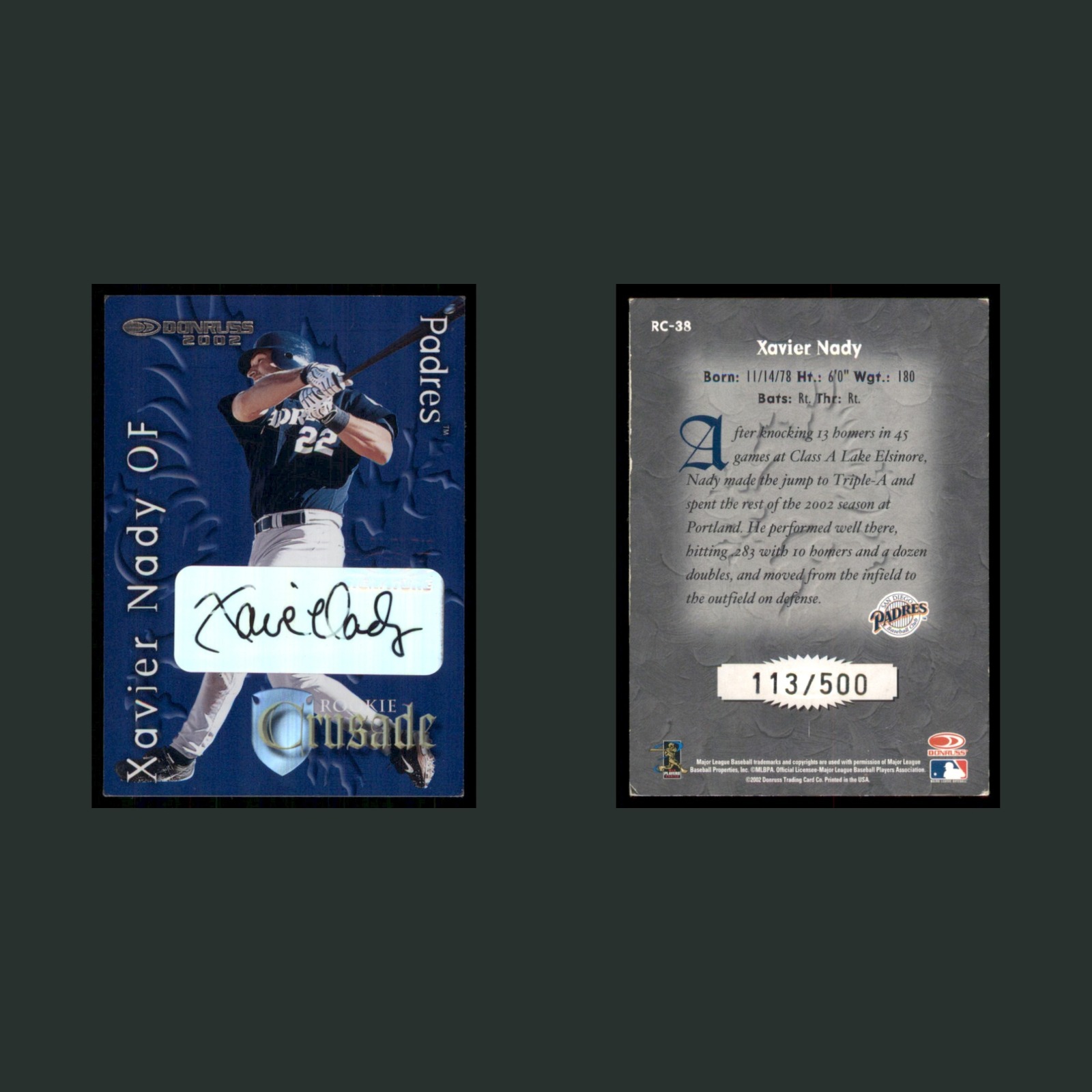 Xavier Nady Auto /500 #RC-38 Autograph EX 2002 San Diego Padres Baseball Card front and back scans. Card condition is Near Mint.