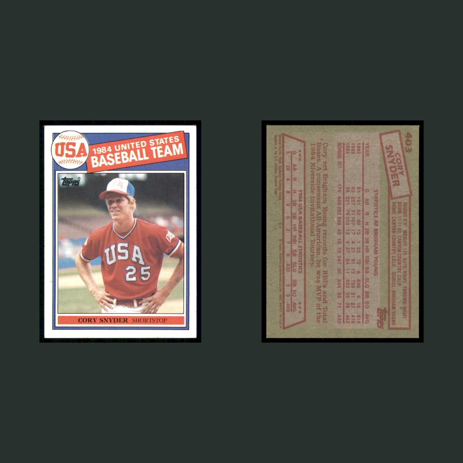 Cory Snyder Rookie #403 NM 1985 Topps USA Baseball Card MLB front and back scans. Card condition is Near Mint.