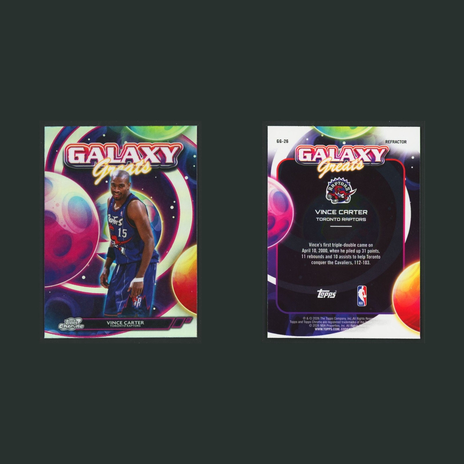 Vince Carter #GG-26 2026-27 Topps Chrome Cosmic Galaxy Greats Refractor Raptors front and back scans. Card condition is Near Mint.