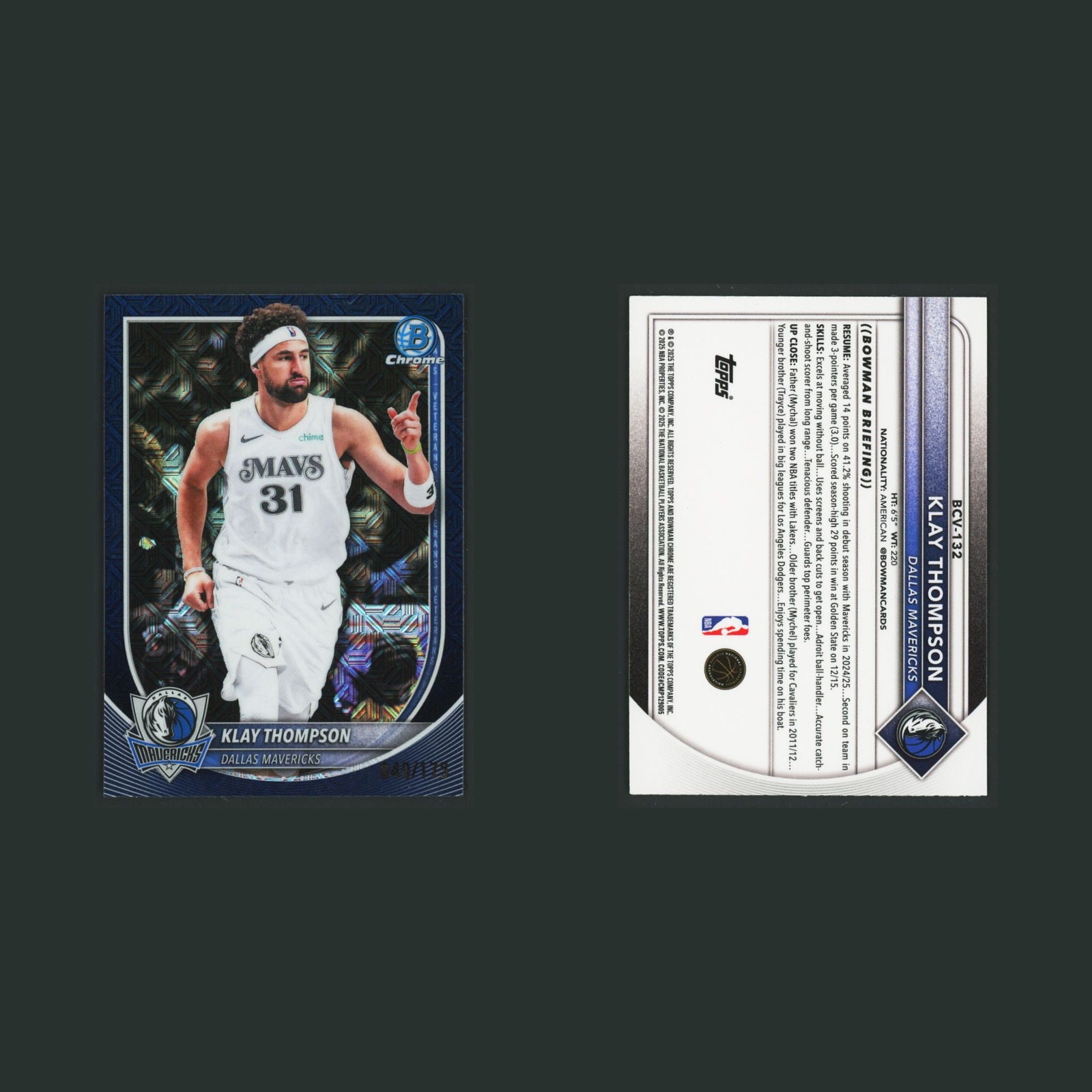 Klay Thompson /175 #BCV-132 2025-26 Bowman Chrome Navy Mojo Refractor Mavericks front and back scans. Card condition is Near Mint.