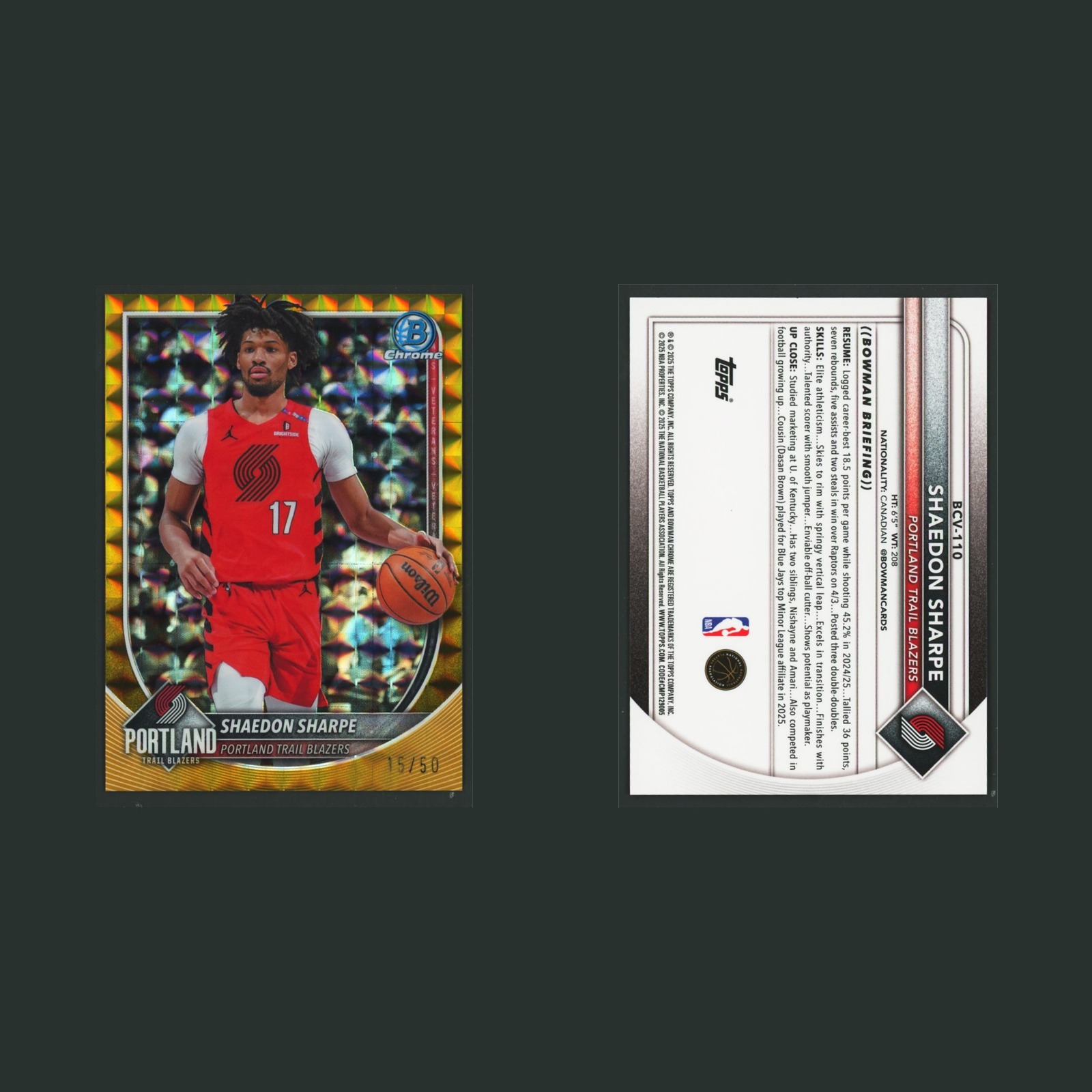 Shaedon Sharpe /50 #BCV-110 2025-26 Bowman Chrome Geometric Gold Refractor Card front and back scans. Card condition is Near Mint.