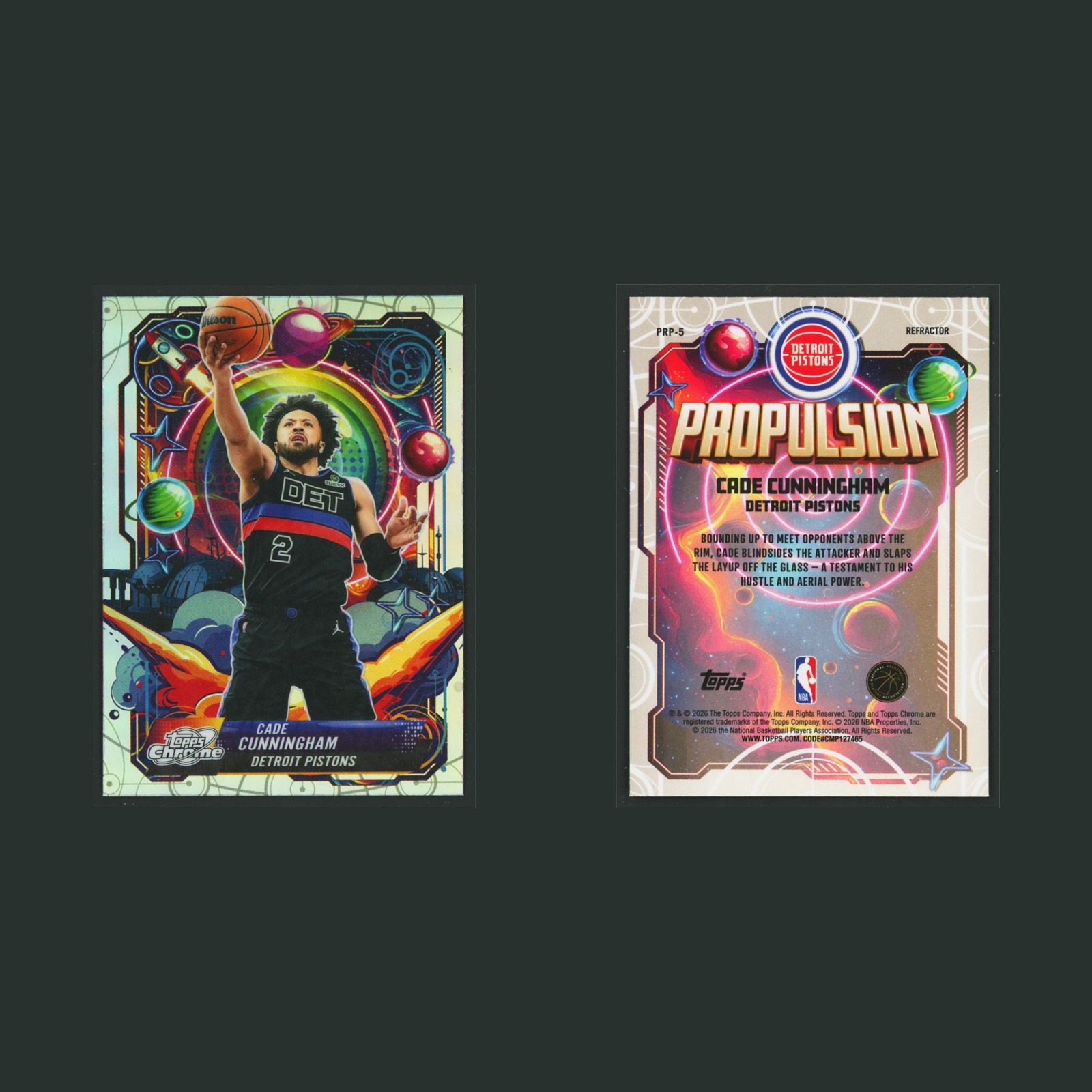 Cade Cunningham #PRP-5 2026-27 Topps Chrome Cosmic Propulsion Refractor Pistons front and back scans. Card condition is Near Mint.
