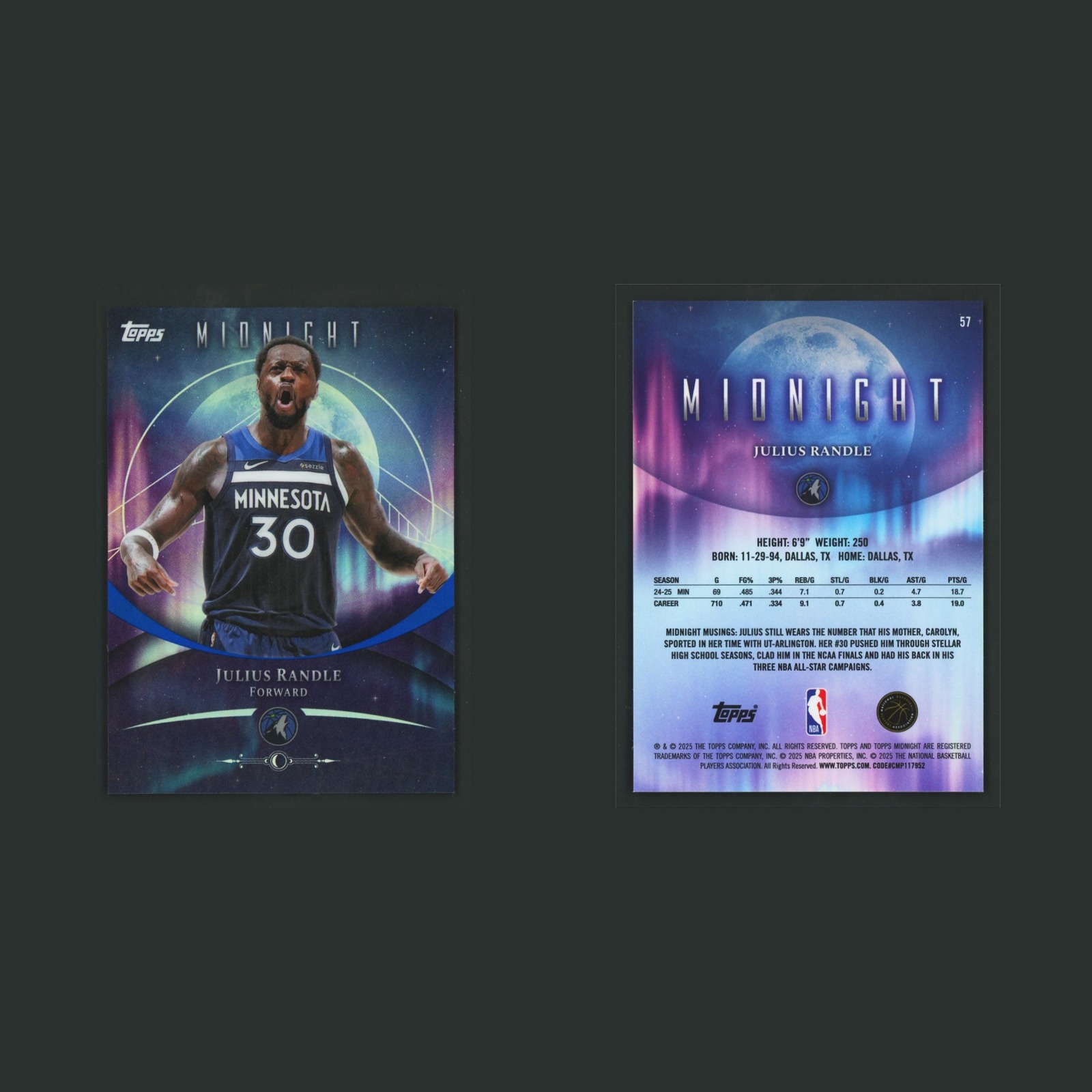 Julius Randle #57 2025-26 Topps Midnight Minnesota Timberwolves Basketball Card front and back scans. Card condition is Near Mint.