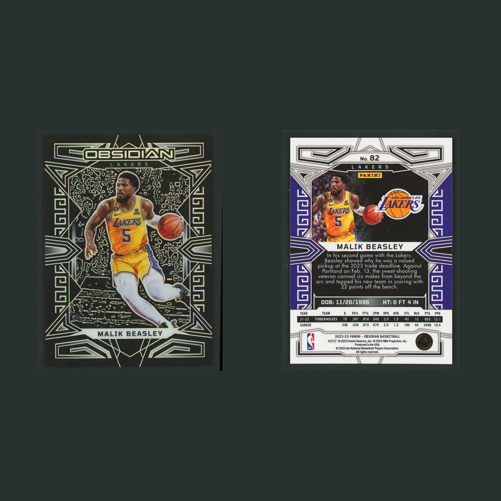 Malik Beasley #82 2022-23 Panini Obsidian Los Angeles Lakers Basketball Card NBA front and back scans. Card condition is Near Mint.
