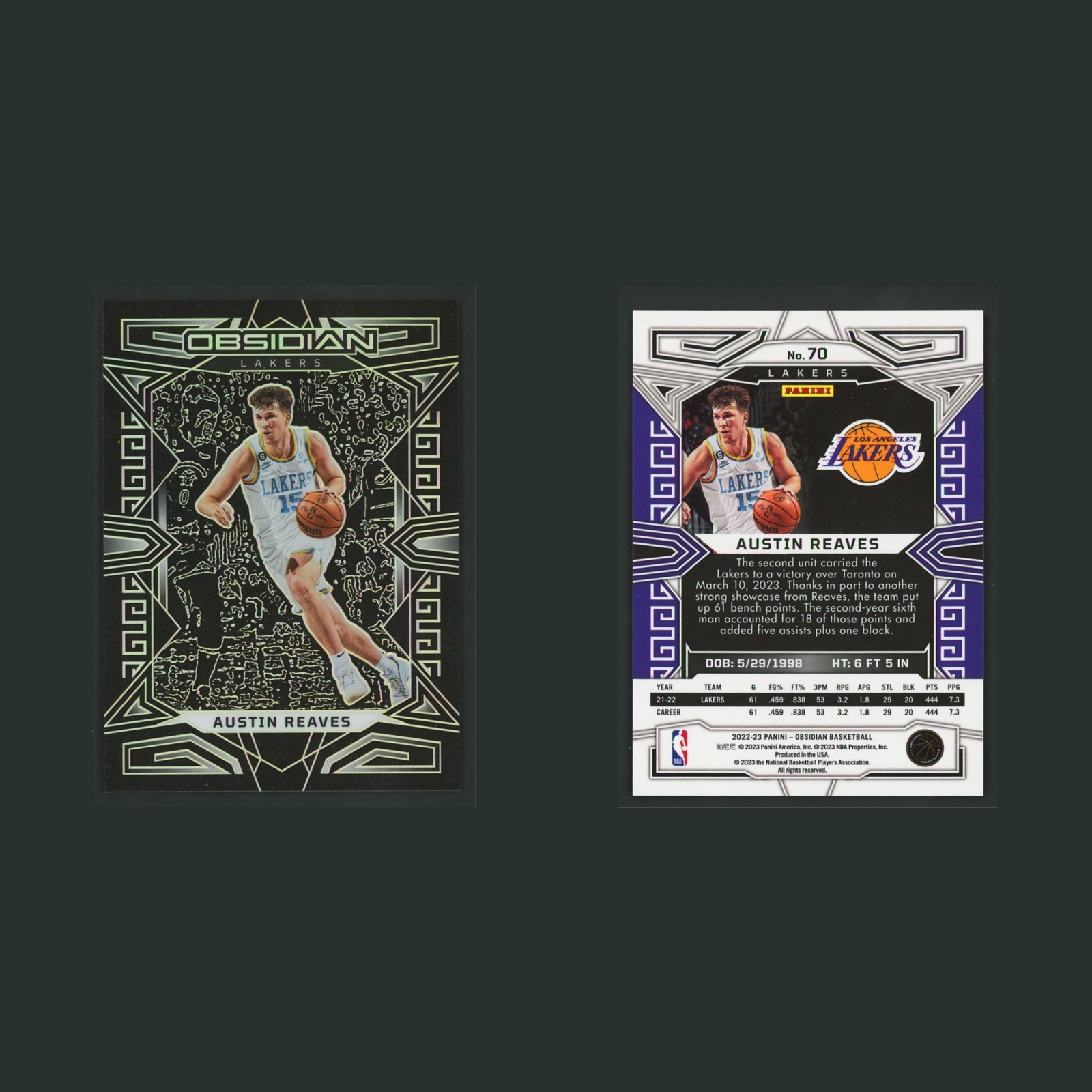 Austin Reaves #70 2022-23 Panini Obsidian Los Angeles Lakers Basketball Card NBA front and back scans. Card condition is Near Mint.