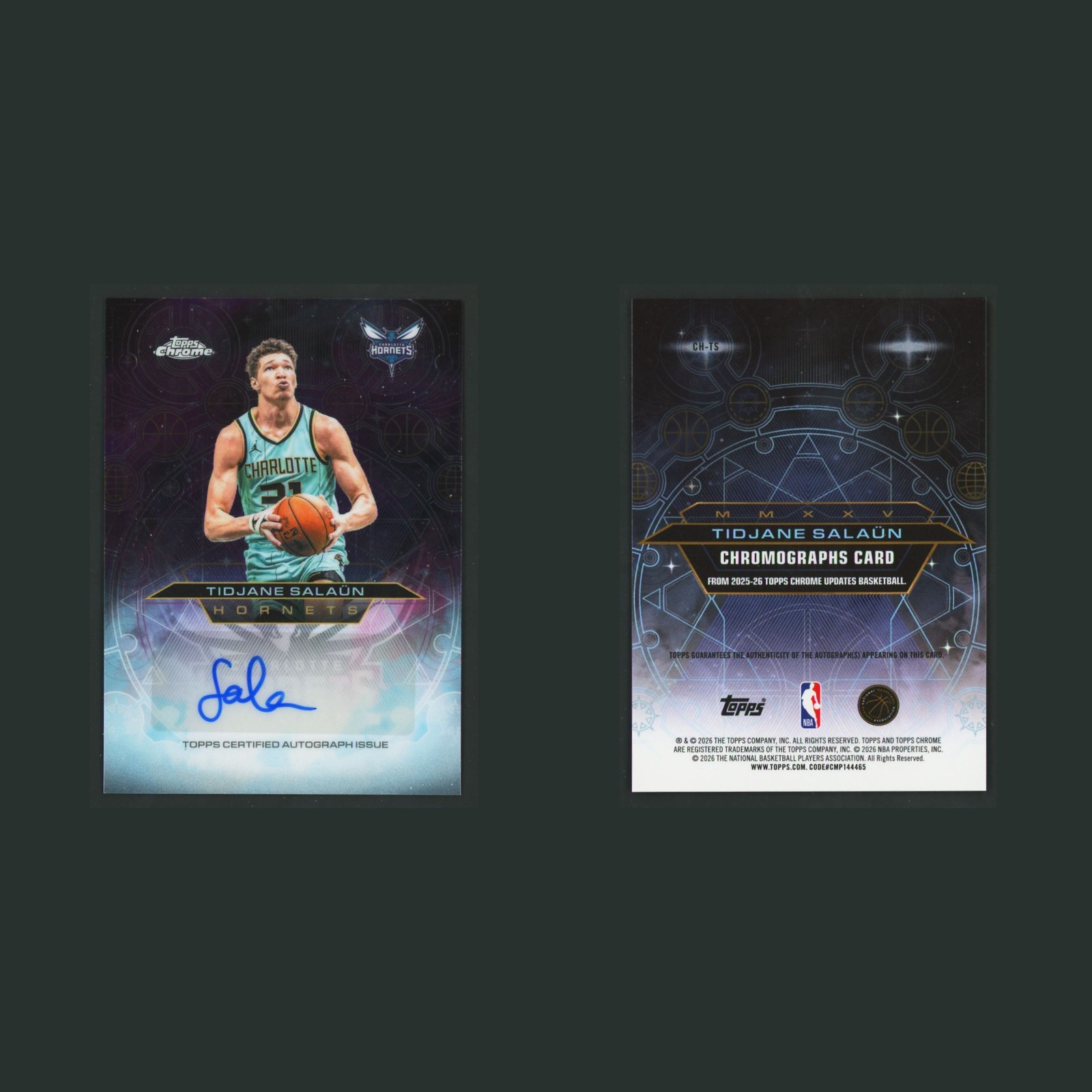 Tidjane Salaun Auto #CH-TS Autograph 2026-27 Topps Chrome Chromographs Hornets front and back scans. Card condition is Near Mint.