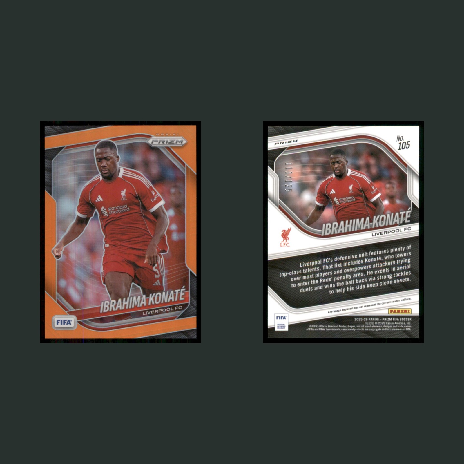 Ibrahima Konate /125 #105 2025 Panini Prizm FIFA Orange Prizms Liverpool Soccer front and back scans. Card condition is Near Mint.