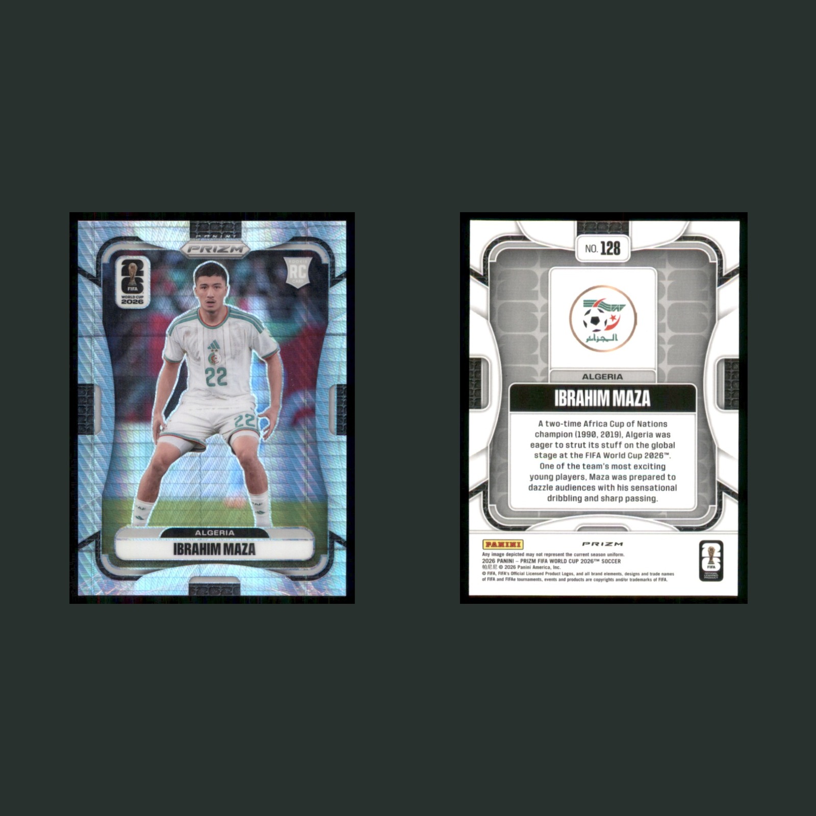 Ibrahim Maza Rookie #128 2026 Panini Prizm FIFA World Cup Hyper Algeria Soccer front and back scans. Card condition is Near Mint.