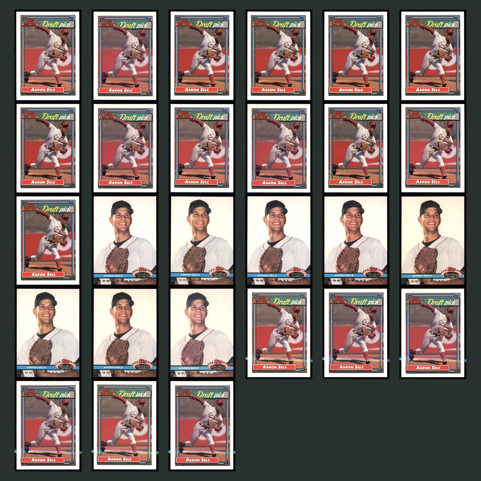 Aaron Sele Rookie Lot 27 Baseball Cards 1992 Topps Boston Red Sox Set Collection card scans. Overall card condition is Near Mint.