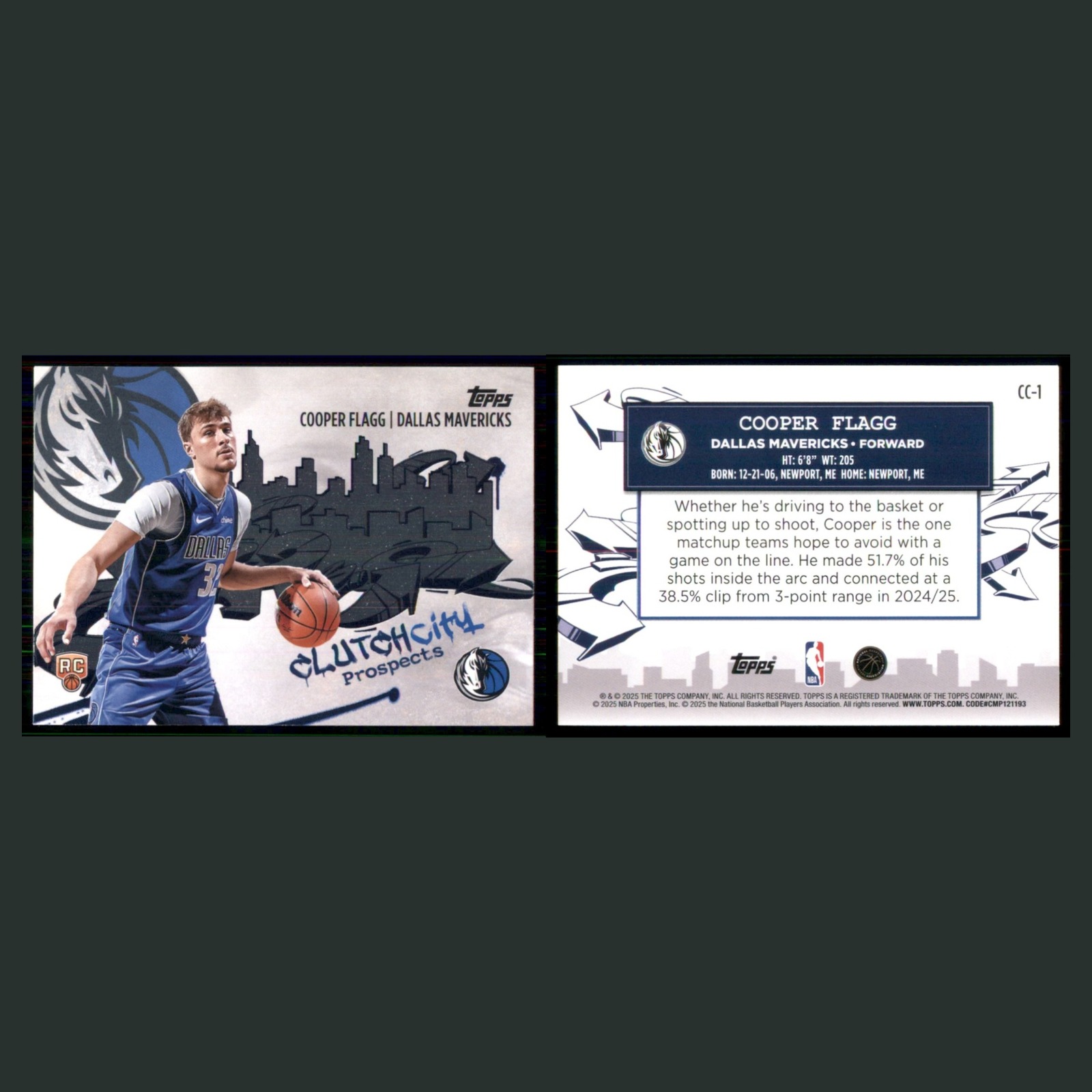 Cooper Flagg Rookie #CC-1 2025-26 Topps Clutch City Prospects Dallas Mavericks front and back scans. Card condition is Near Mint.