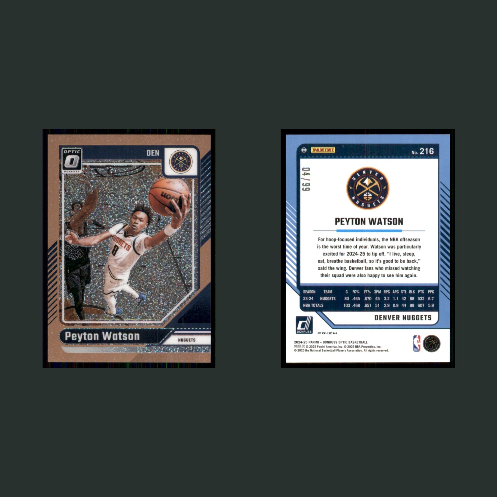 Peyton Watson /99 #216 2024-25 Donruss Optic Copper Glitter Prizm Denver Nuggets front and back scans. Card condition is Near Mint.
