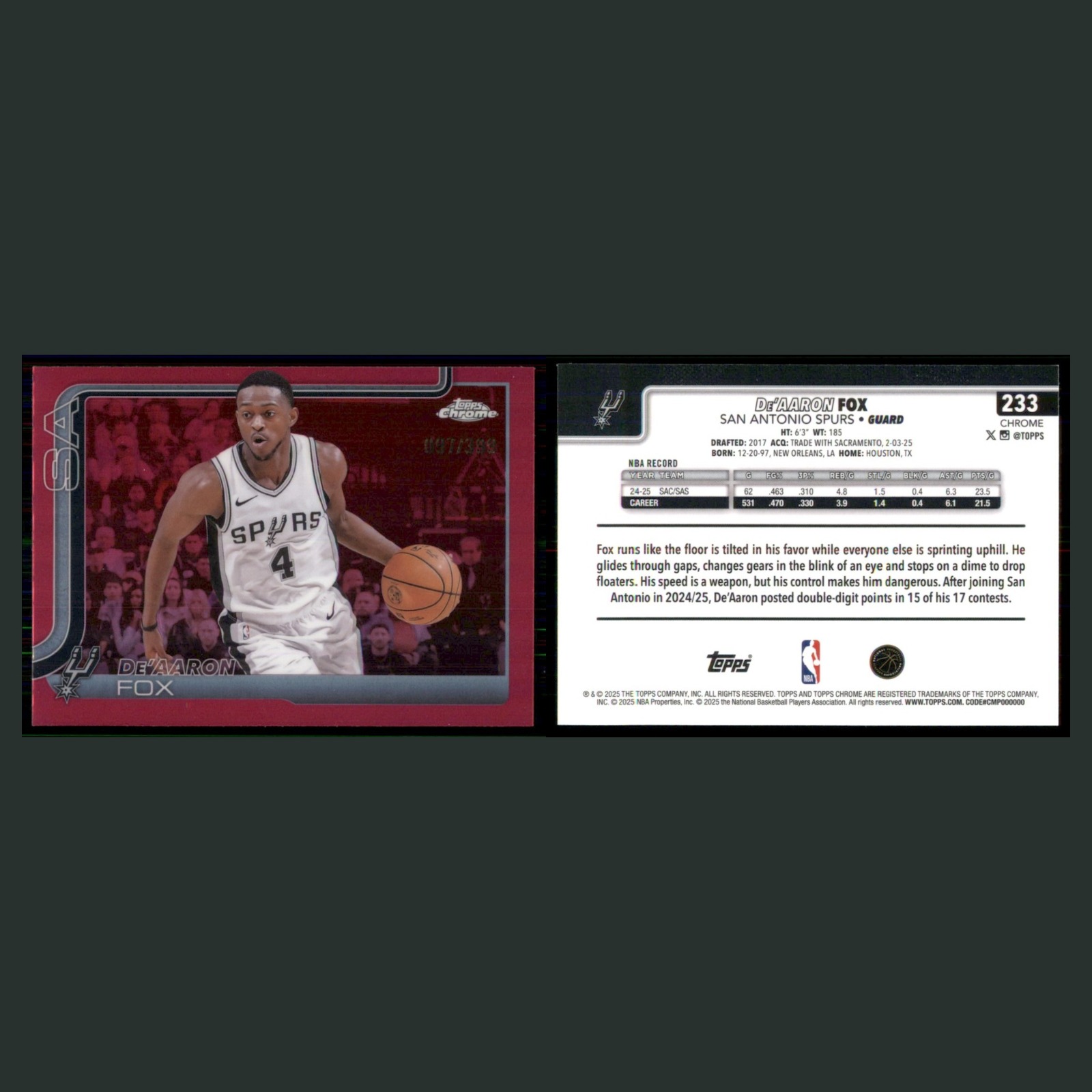 De'Aaron Fox /399 #233 2025-26 Topps Chrome Magenta Refractor San Antonio Spurs front and back scans. Card condition is Near Mint.