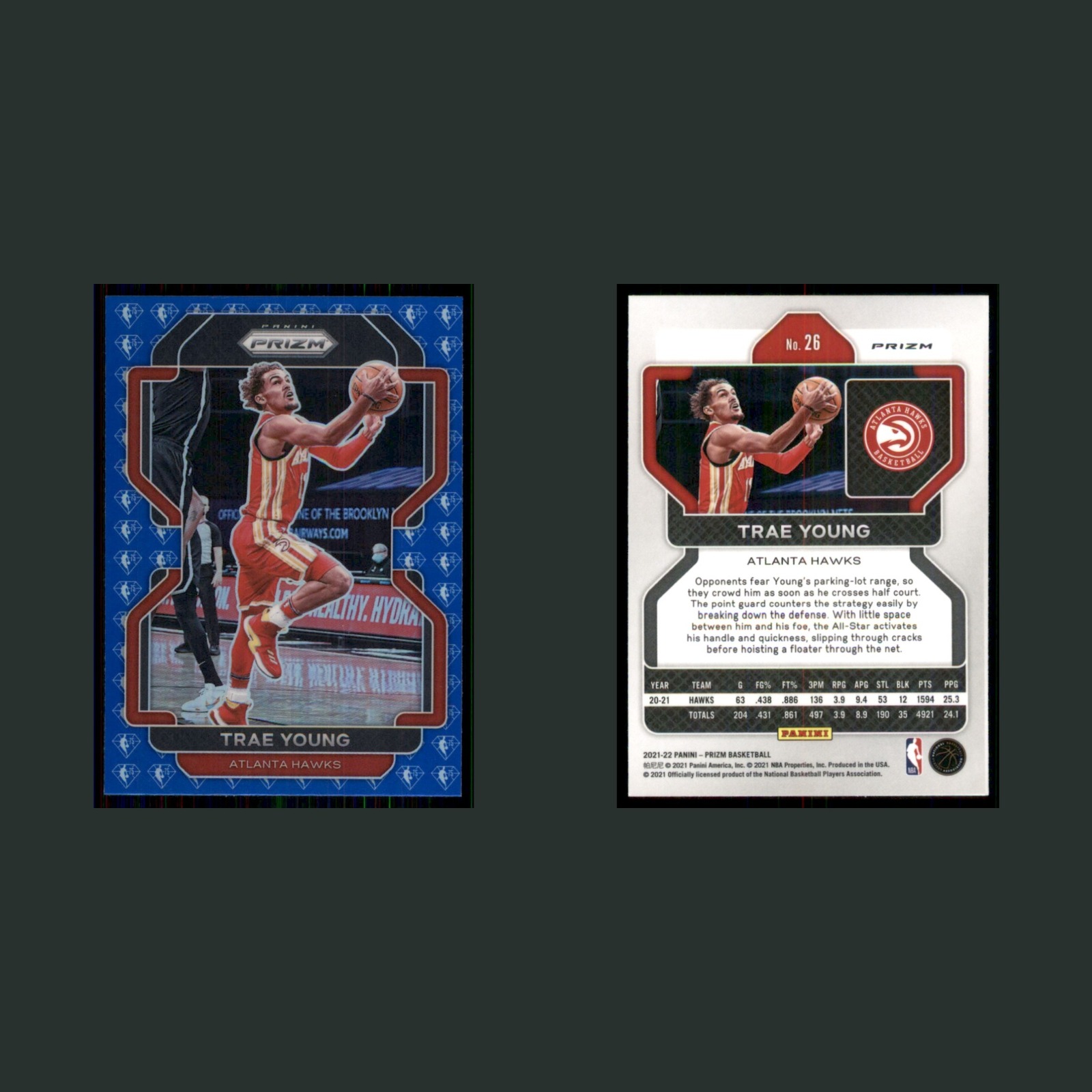 Trae Young #26 2021-22 Panini Prizm 75th Anniversary Atlanta Hawks Basketball front and back scans. Card condition is Near Mint.