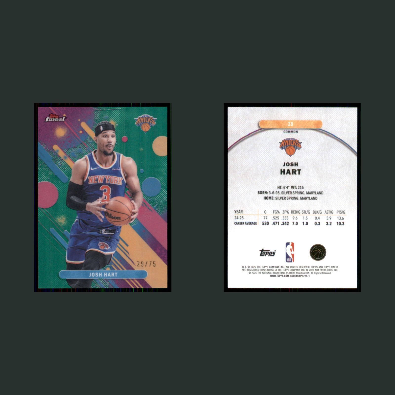 Josh Hart /75 #28 2025-26 Finest Green Refractor New York Knicks Basketball Card front and back scans. Card condition is Near Mint.