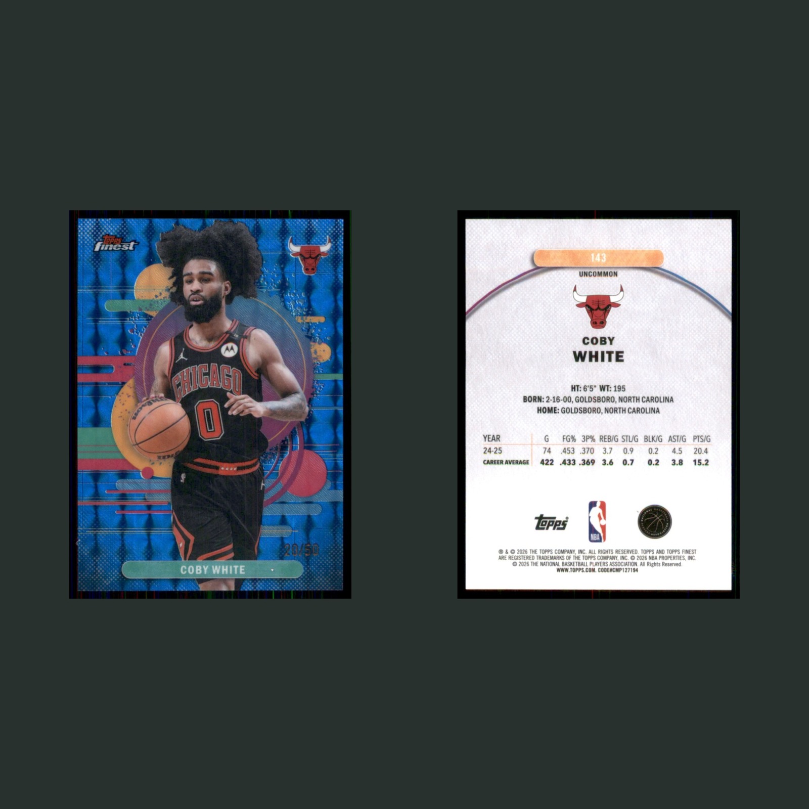 Coby White /50 #143 2025-26 Finest Blue Geometric Refractor Chicago Bulls Card front and back scans. Card condition is Near Mint.