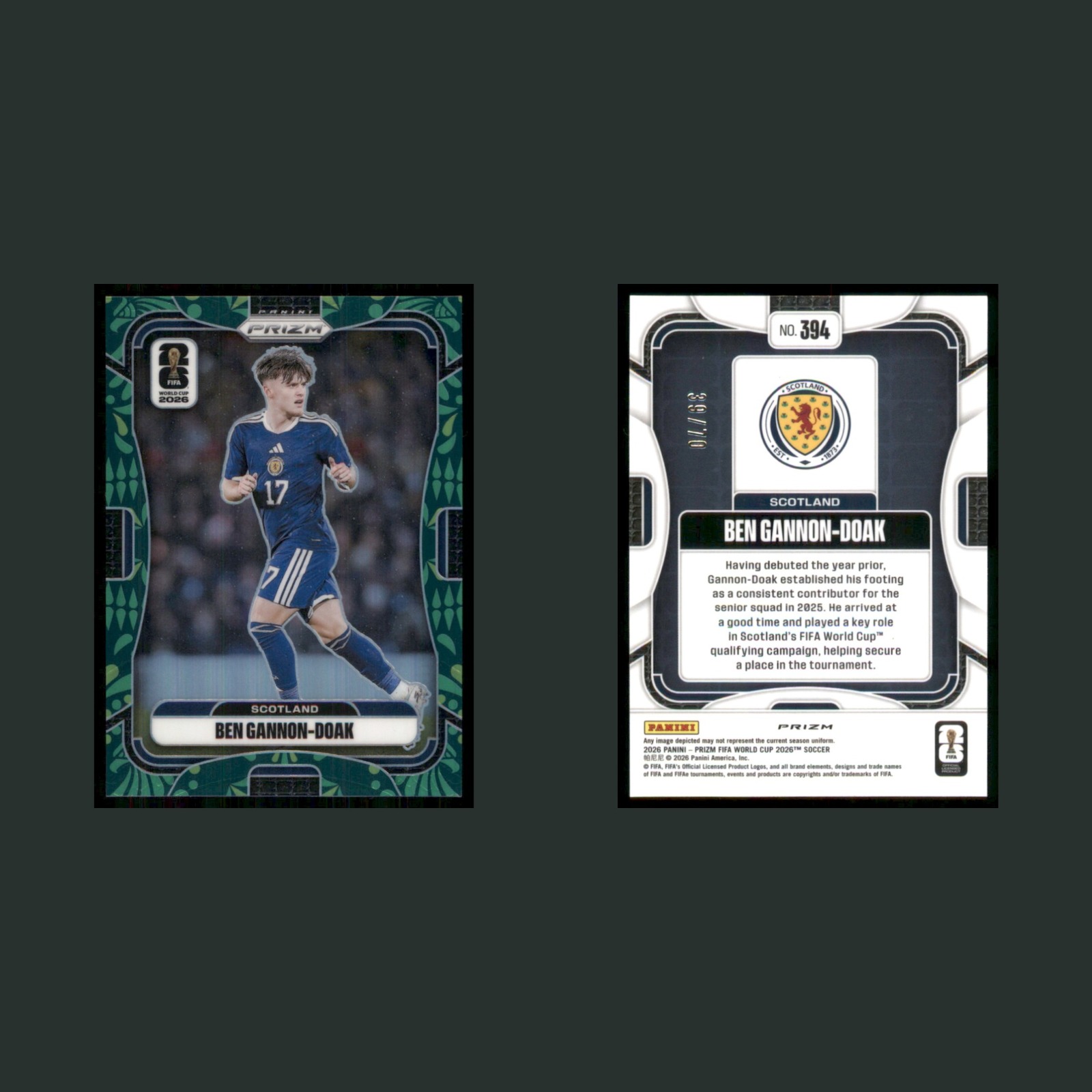 Ben Gannon-Doak /70 #394 2026 Prizm FIFA World Cup Aguila Scotland Soccer Card front and back scans. Card condition is Near Mint.