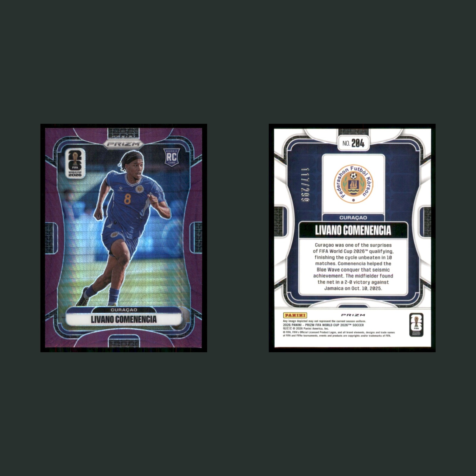 Livano Comenencia /299 #204 2026 Prizm FIFA World Cup Purple Hyper Curacao Card front and back scans. Card condition is Near Mint.