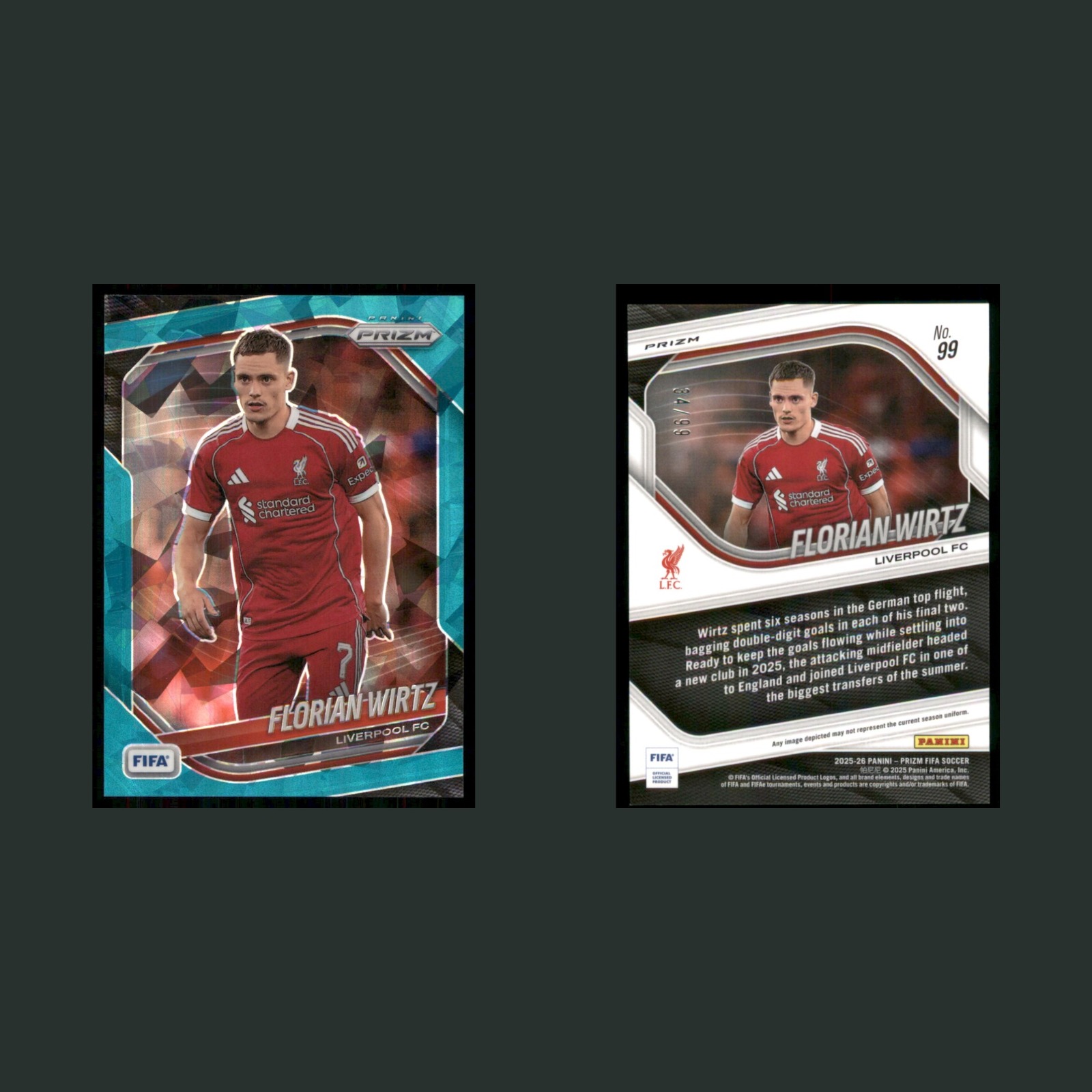 Florian Wirtz /99 #99 2025 Panini Prizm FIFA Teal Ice Liverpool Soccer Card front and back scans. Card condition is Near Mint.