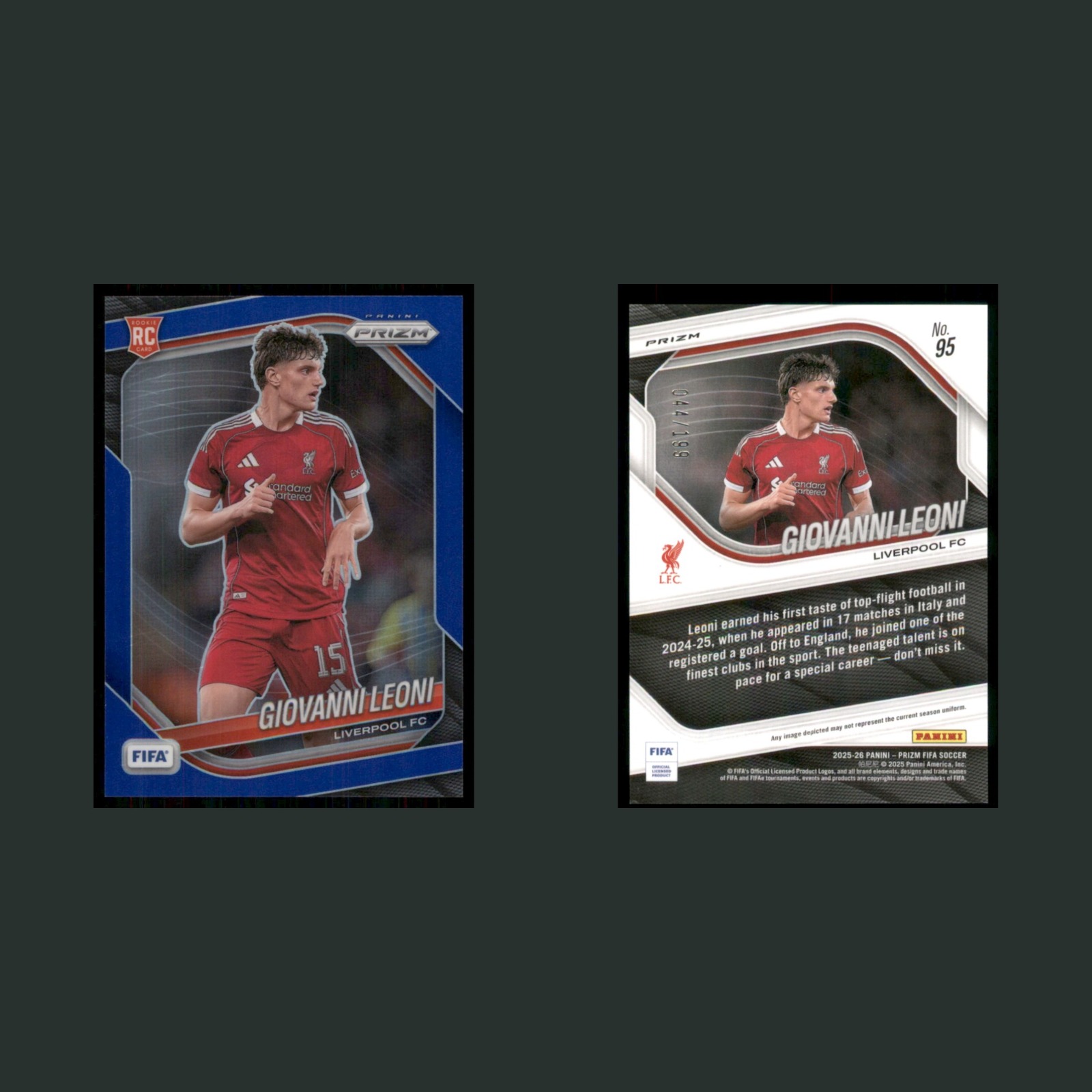 Giovanni Leoni Rookie /199 #95 2025 Panini Prizm FIFA Blue Liverpool Soccer Card front and back scans. Card condition is Near Mint.