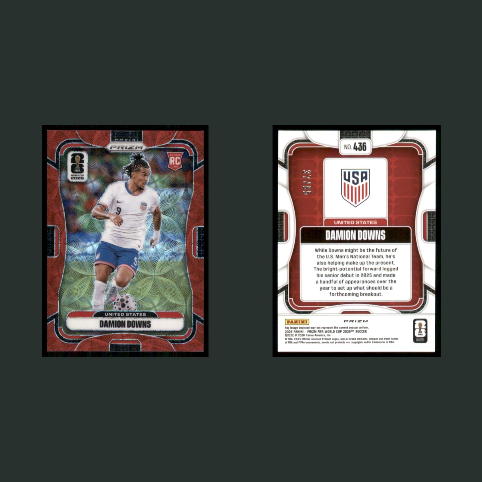 Damion Downs Rookie /85 #436 2026 Panini Prizm FIFA World Cup Choice Red Soccer front and back scans. Card condition is Near Mint.