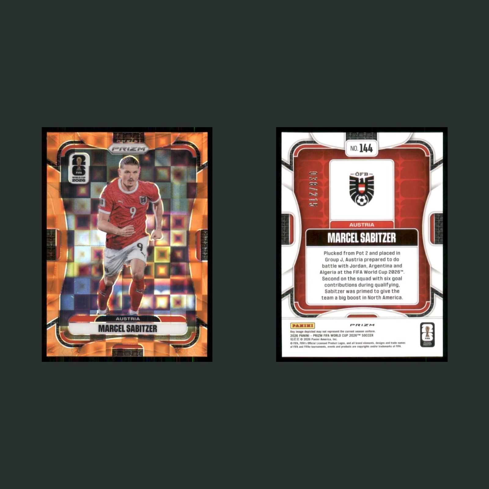 Marcel Sabitzer /215 #144 2026 Panini Prizm FIFA World Cup Orange Pandora Soccer front and back scans. Card condition is Near Mint.