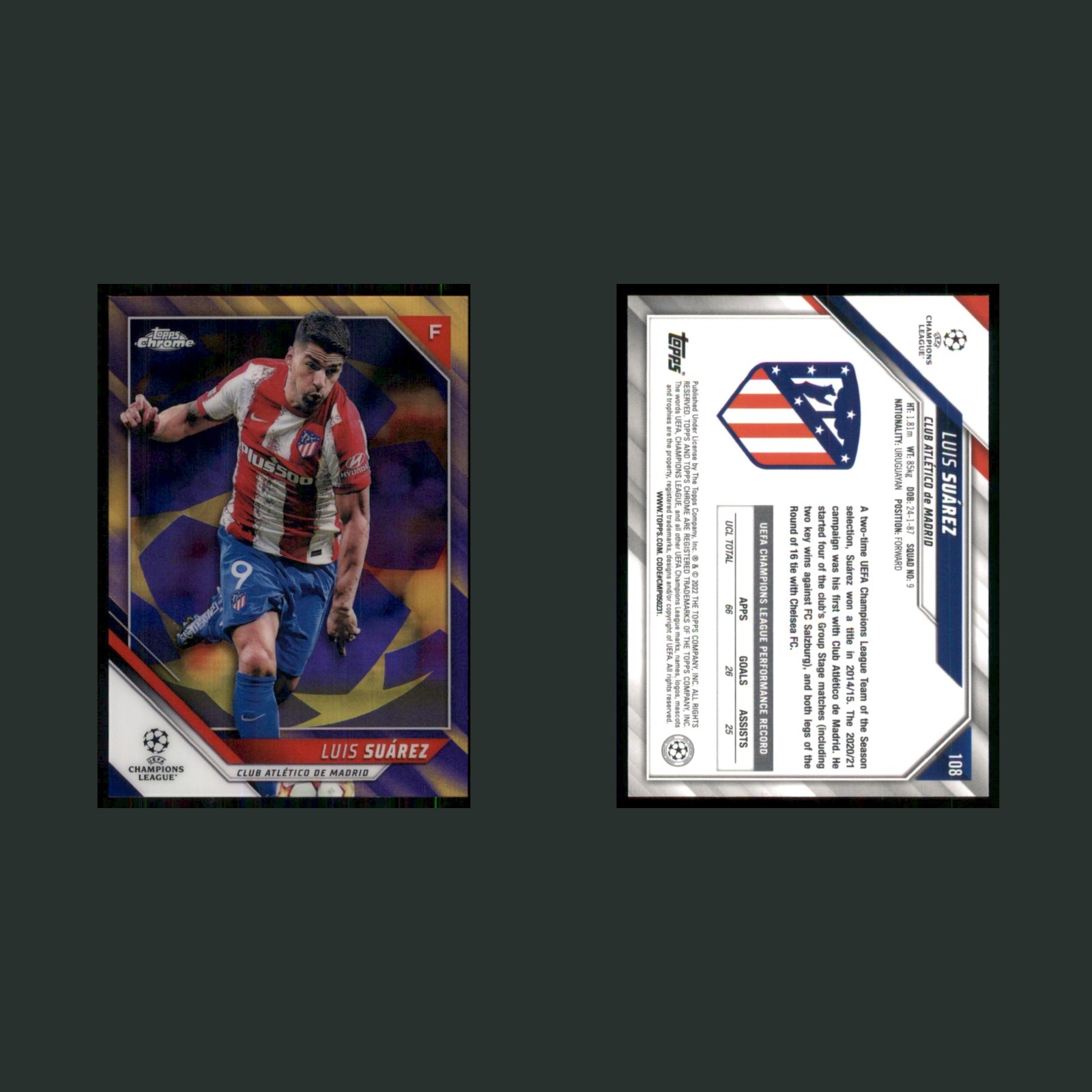 Luis Suárez #108 2021 Topps Chrome UEFA Purple Gold Starball Refractor Soccer front and back scans. Card condition is Near Mint.