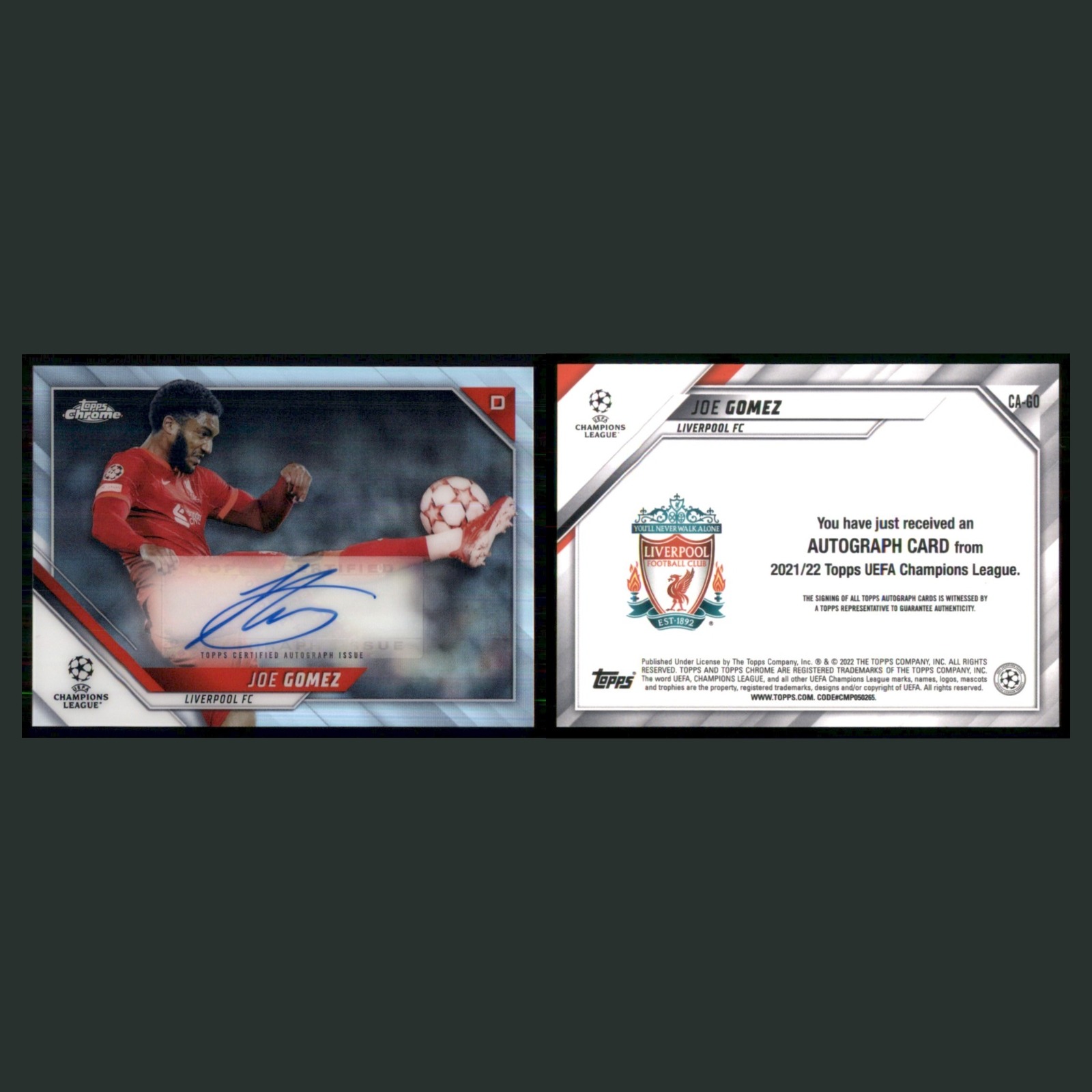 Joe Gomez Auto #CA-GO Autograph 2021 Liverpool Soccer Card front and back scans. Card condition is Near Mint.