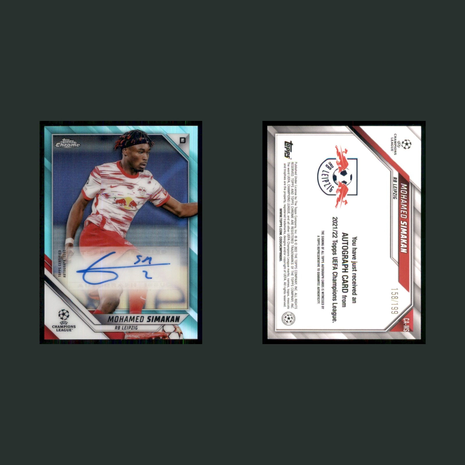 Mohamed Simakan Rookie /199 #CA-MS Autograph 2021 RB Leipzig Soccer Card front and back scans. Card condition is Near Mint.