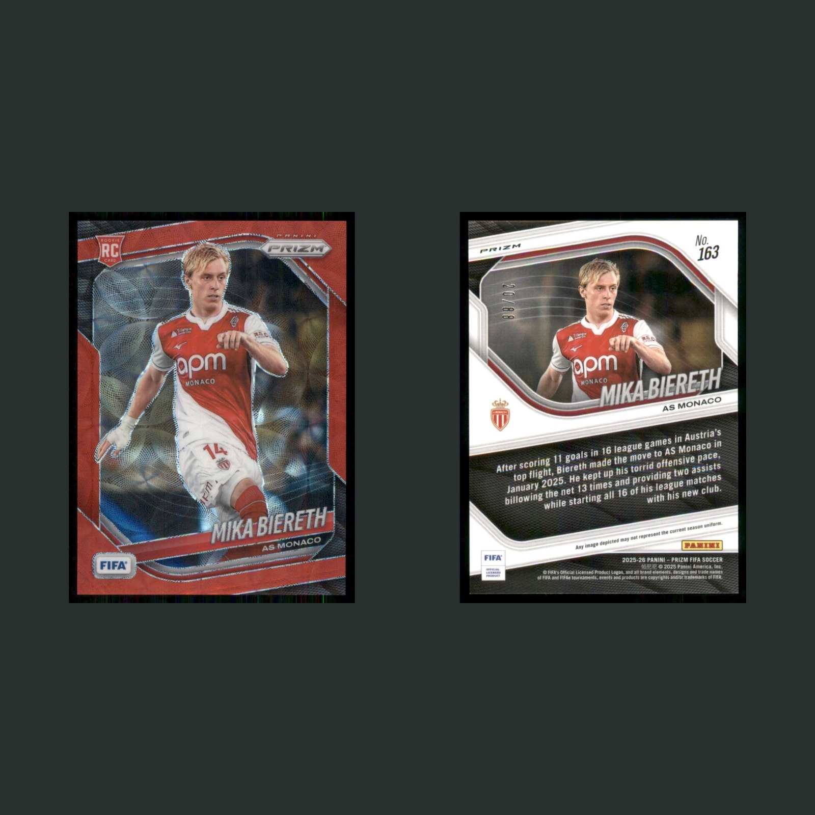 Mika Biereth Rookie /88 #163 2025 Panini Prizm FIFA Choice Red AS Monaco Soccer front and back scans. Card condition is Near Mint.