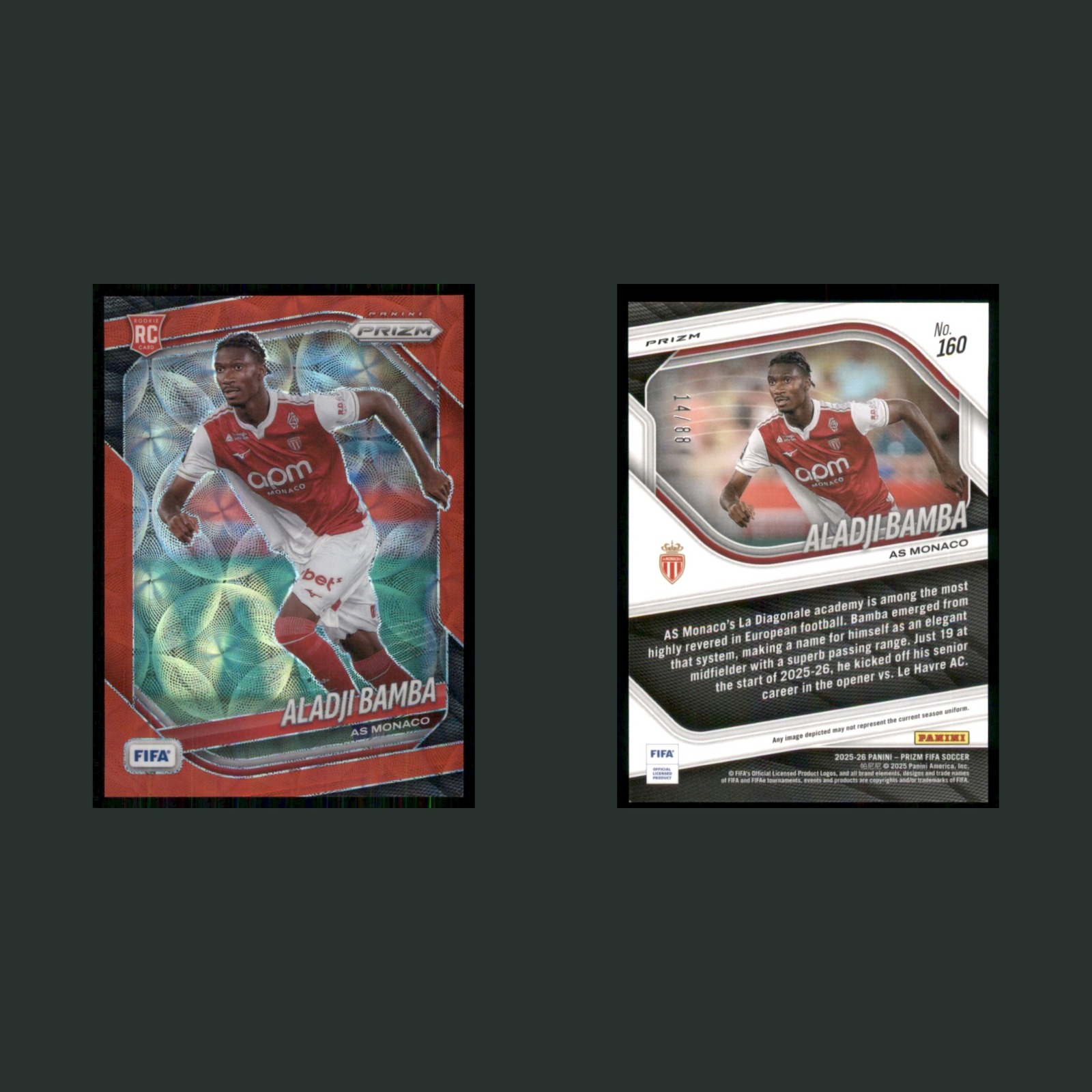 Aladji Bamba Rookie /88 #160 2025 Panini Prizm FIFA Choice Red AS Monaco Soccer front and back scans. Card condition is Near Mint.