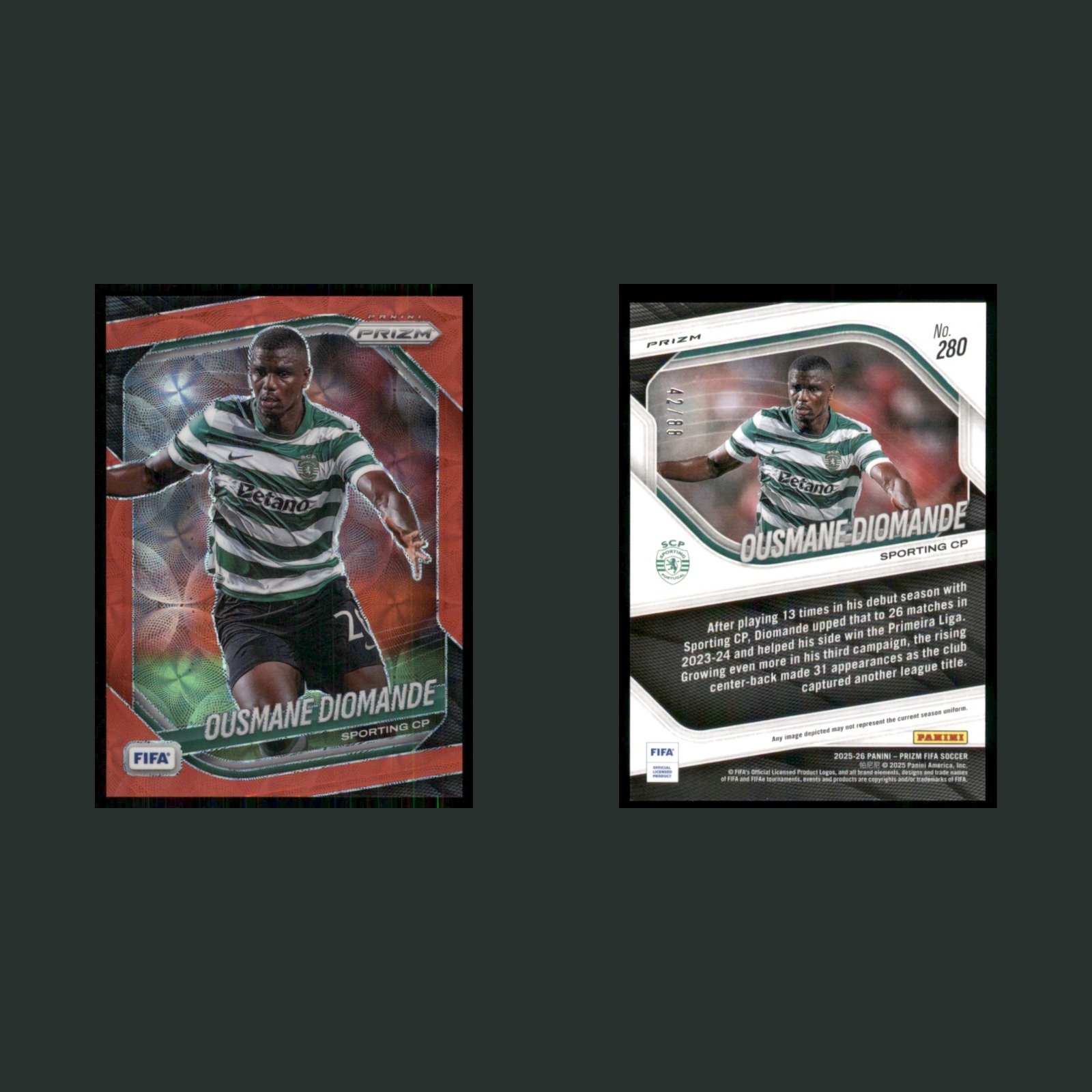 Ousmane Diomande /88 #280 2025 Panini Prizm FIFA Choice Red Soccer Card front and back scans. Card condition is Near Mint.
