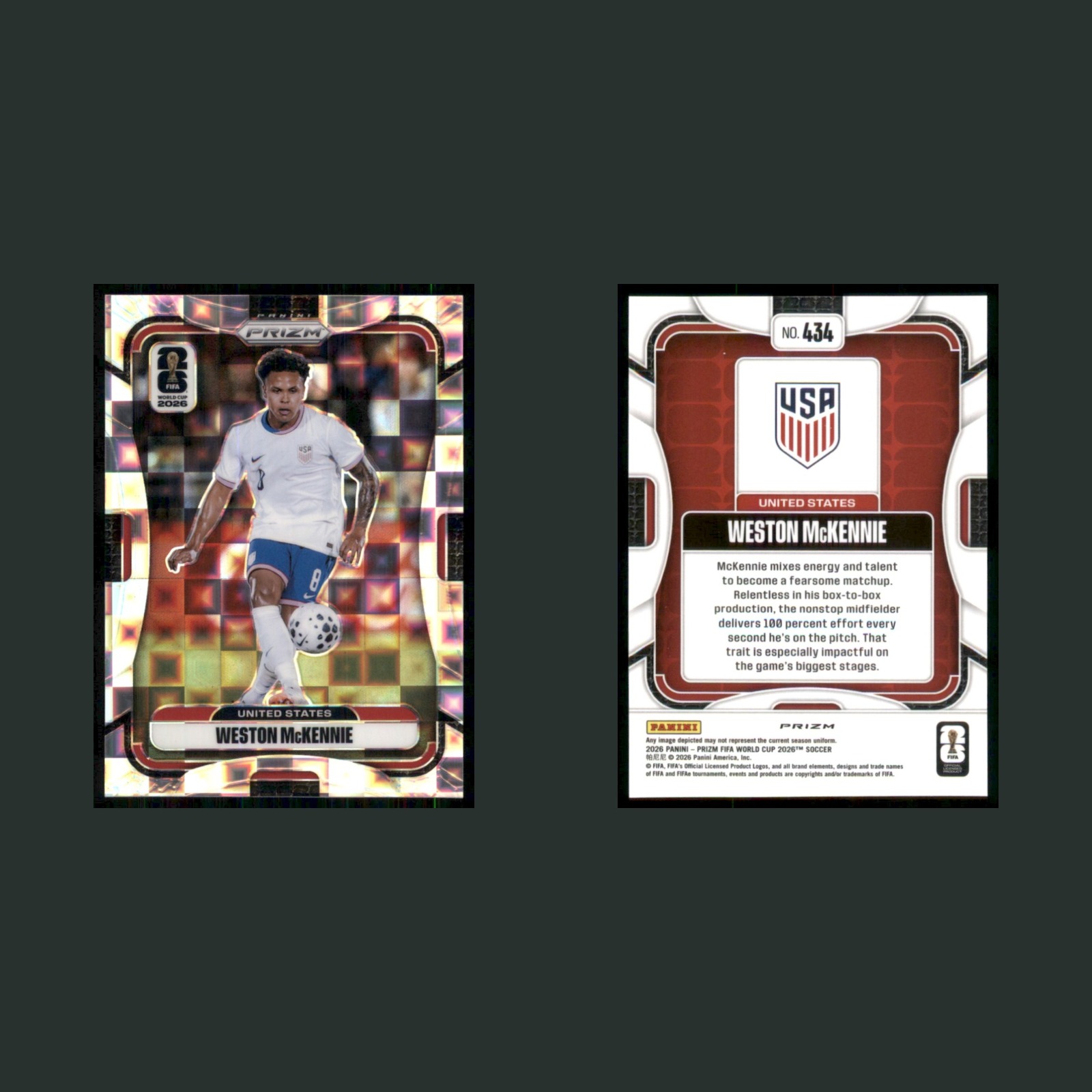 Weston McKennie #434 2026 Prizm FIFA World Cup Pandora United States Soccer Card front and back scans. Card condition is Near Mint.