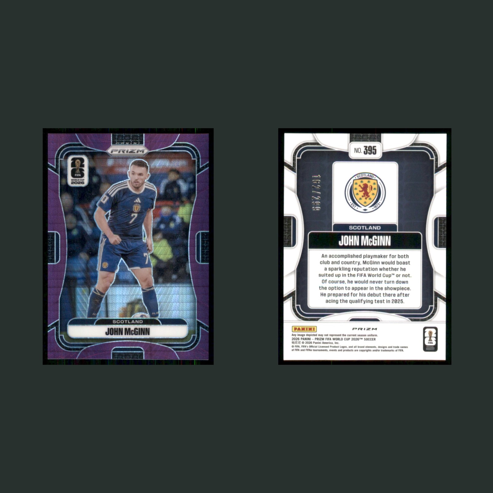 JohnMcGinn /299 #385 2026 Prizm FIFA World Cup Purple Hyper Scotland Soccer Card front and back scans. Card condition is Near Mint.