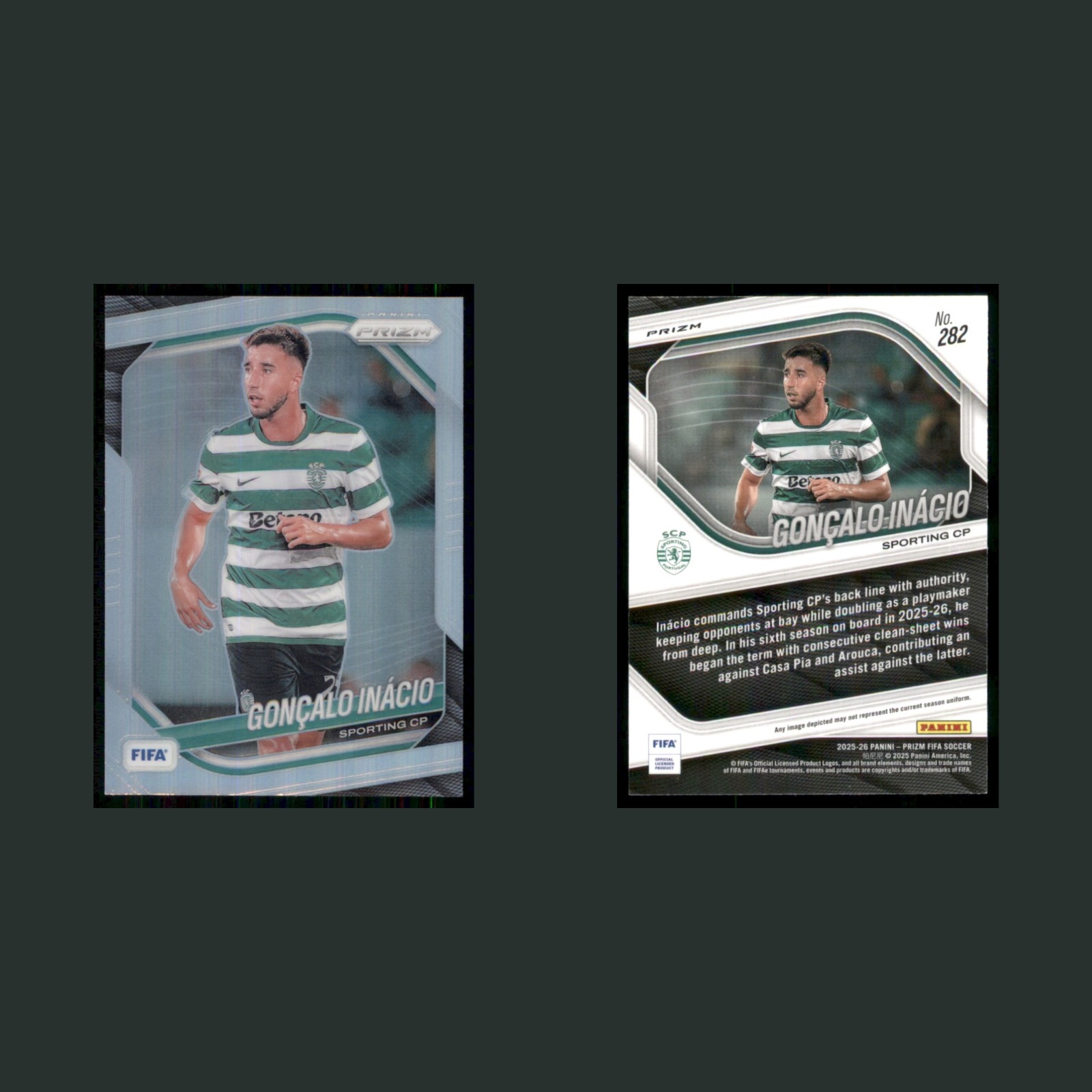 Goncalo Inacio #282 2025 Panini Prizm FIFA Silver Sporting Clube de Portugal front and back scans. Card condition is Near Mint.