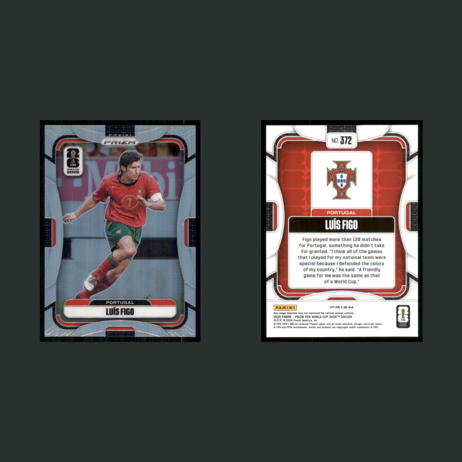 Luis Figo #372 2026 Prizm FIFA World Cup Silver Portugal Soccer Card front and back scans. Card condition is Near Mint.