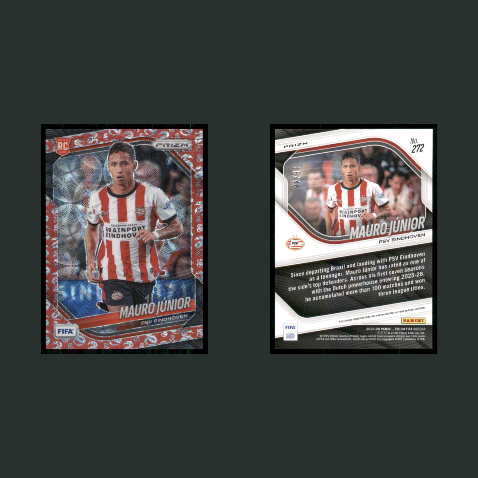 Mauro Junior /48 #272 2025 Panini Prizm FIFA Choice Snake Year Prizms Soccer front and back scans. Card condition is Near Mint.