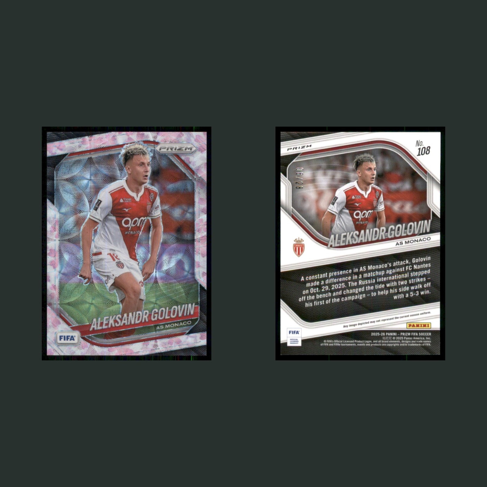 Aleksandr Golovin /28 #108 2025 Panini Prizm FIFA Choice Cherry Blossom Prizms front and back scans. Card condition is Near Mint.