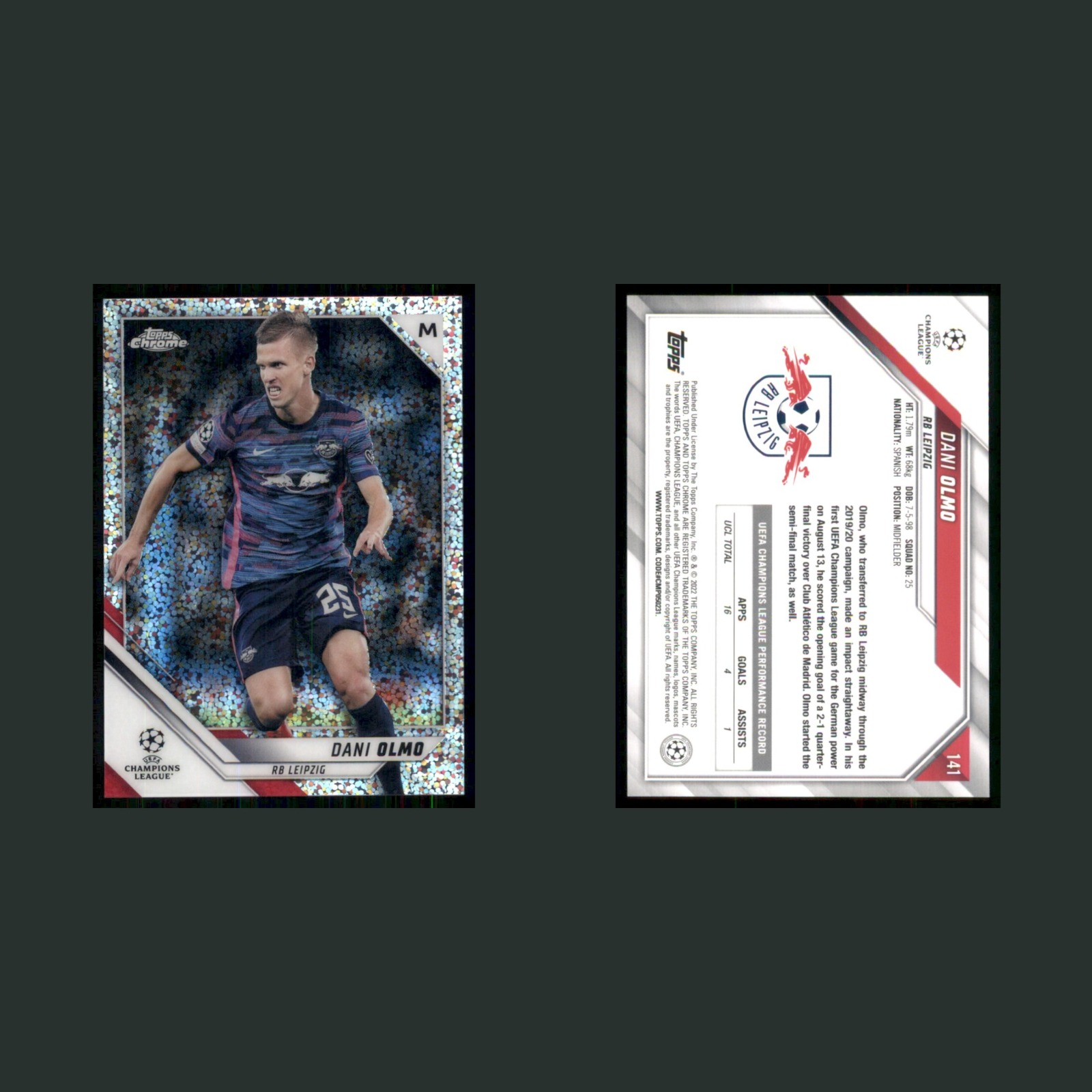 Dani Olmo #141 2022 Topps Chrome Speckle Refractor RB Leipzig Soccer Card front and back scans. Card condition is Near Mint.