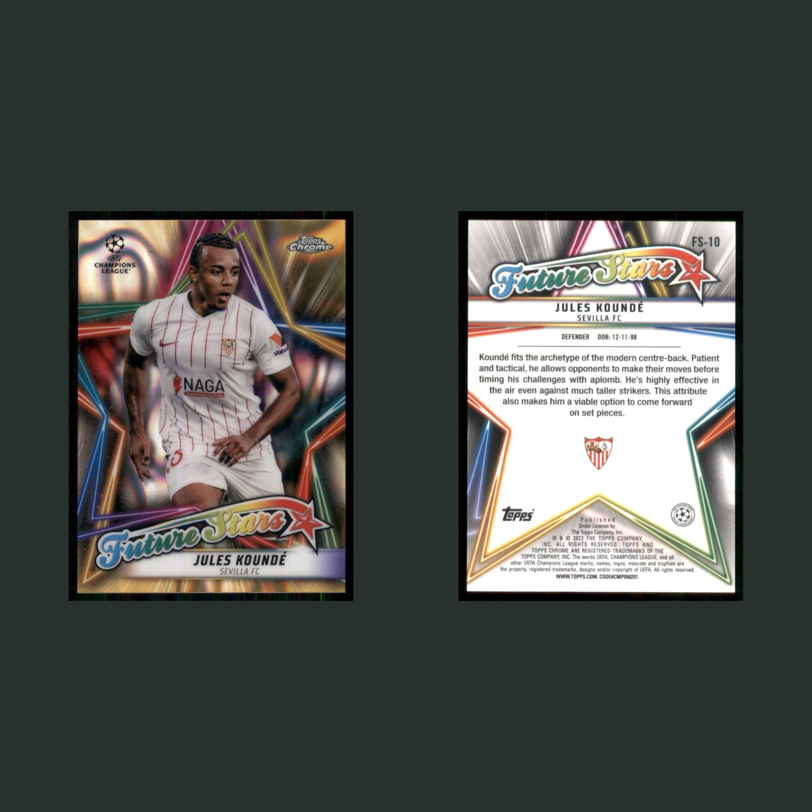Jules Koundé #FS-10 2021 Sevilla Soccer Card front and back scans. Card condition is Near Mint.