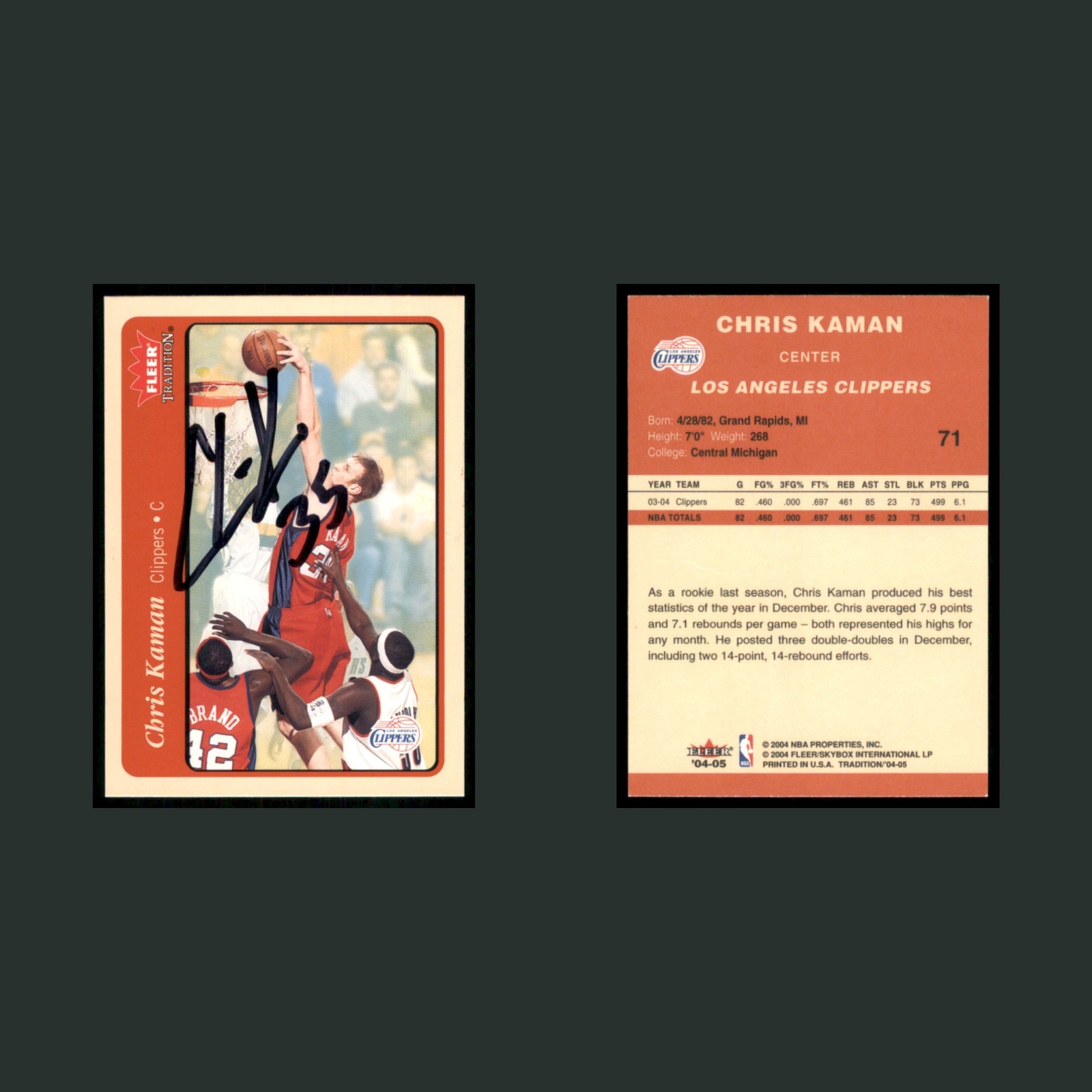 Chris Kaman Auto #71 Autograph 2004-05 Fleer Tradition Los Angeles Clippers Card front and back scans. Card condition is Excellent.