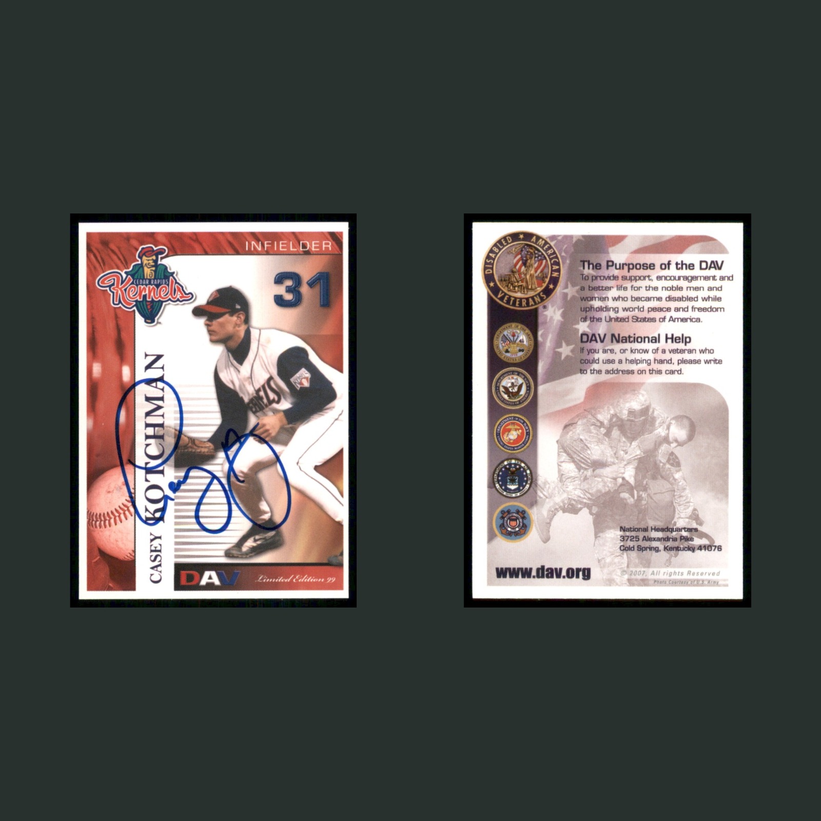 Casey Kotchman Auto #31 Autograph 2007 DAV Limited Edition Cedar Rapids Kernels front and back scans. Card condition is Excellent.