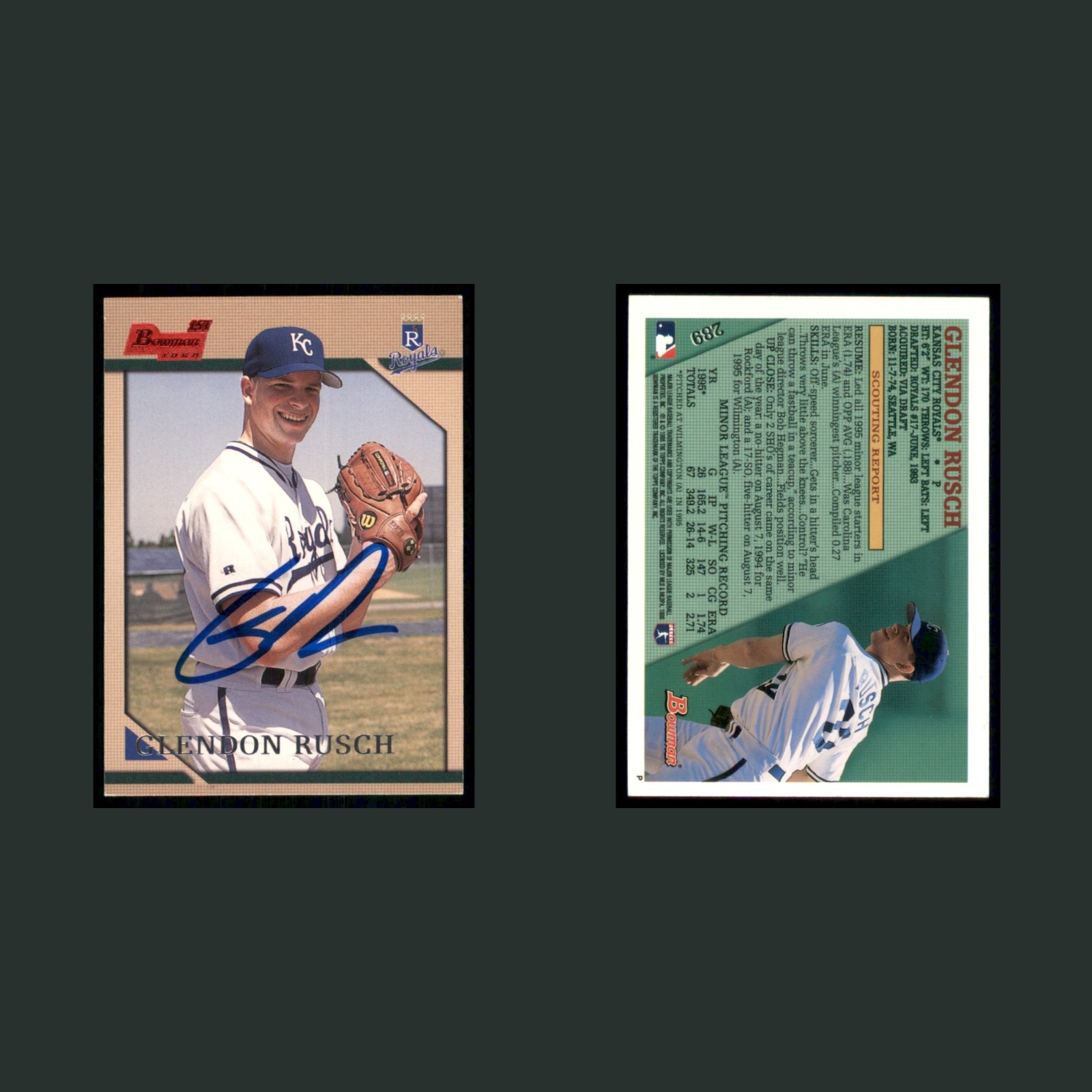 Glendon Rusch Rookie #289 Autograph 1996 Bowman Kansas City Royals Baseball Card front and back scans. Card condition is Excellent.